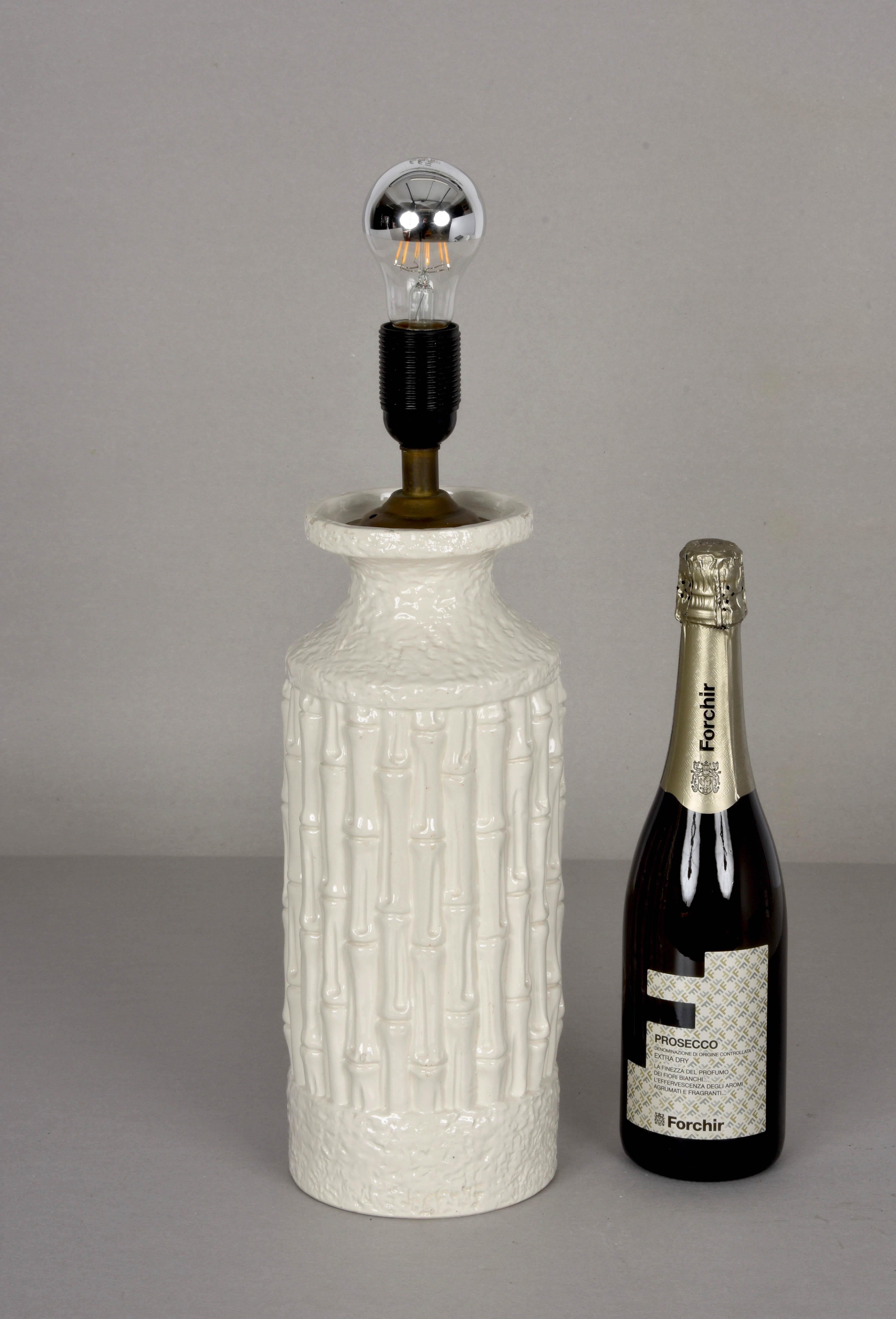 Tommaso Barbi Midcentury White Ceramic and Faux Bamboo Italian Table Lamp, 1970s For Sale 9