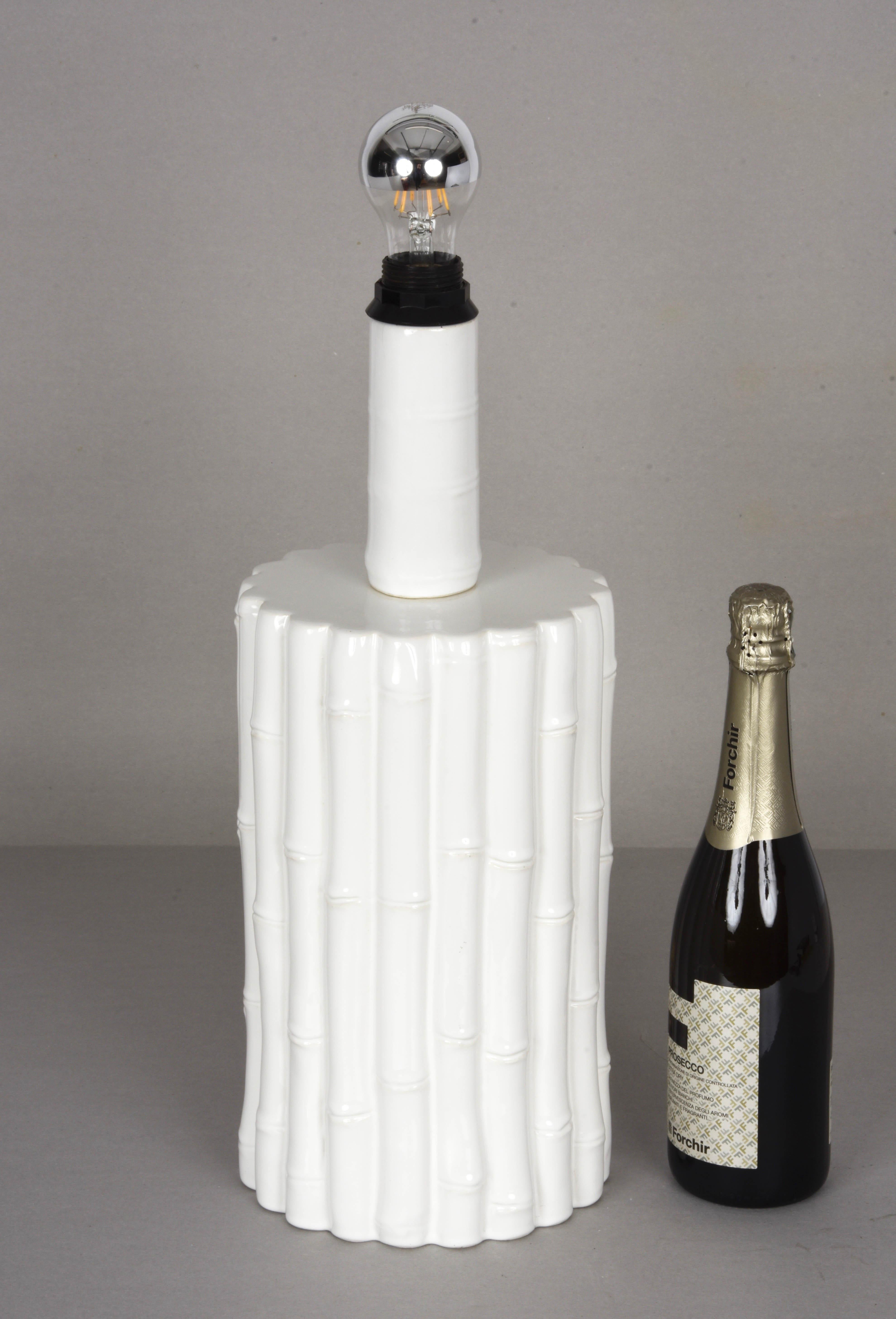 Tommaso Barbi Midcentury White Ceramic and Faux Bamboo Italian Table Lamp, 1970s For Sale 11