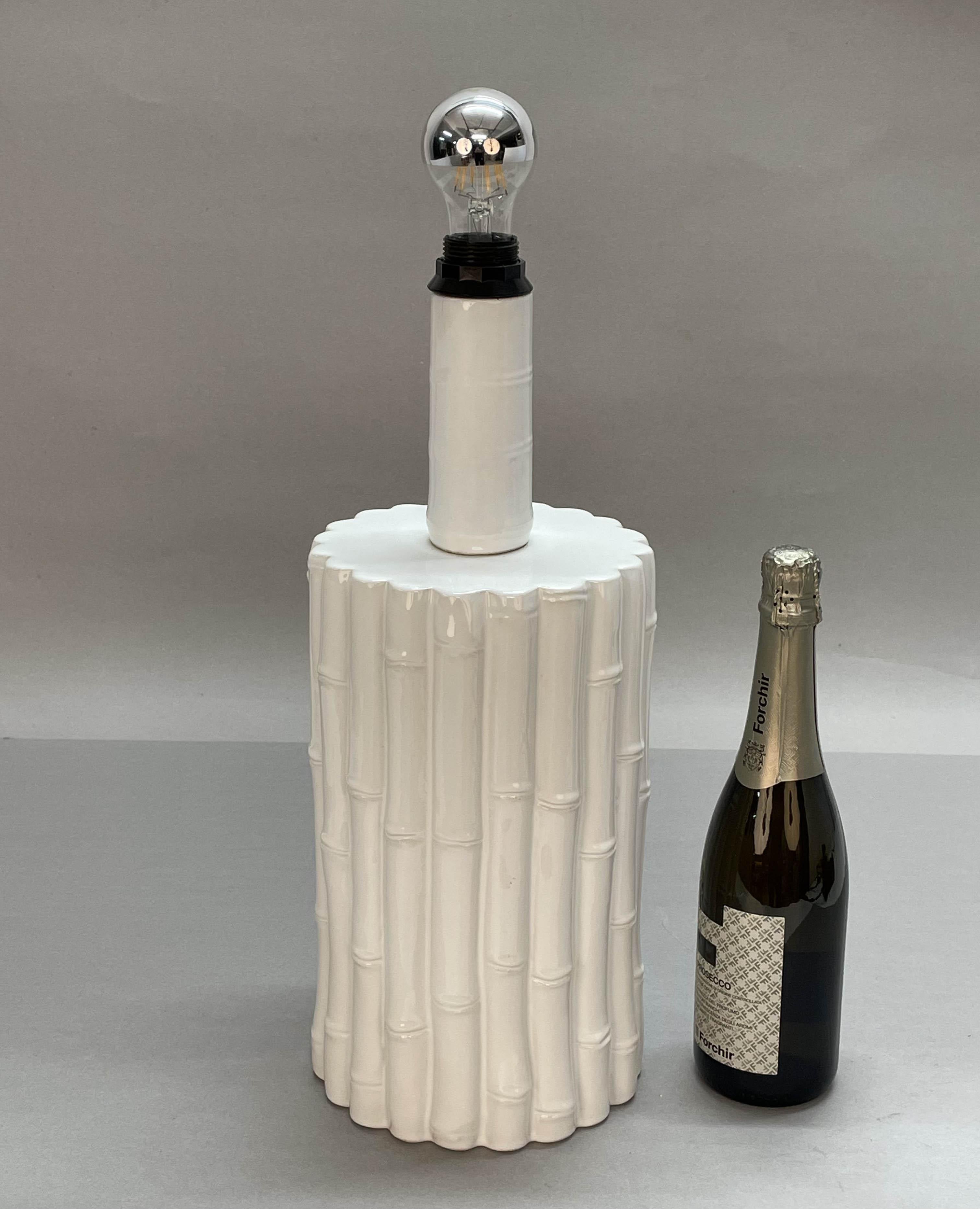 Tommaso Barbi Midcentury White Ceramic and Faux Bamboo Italian Table Lamp, 1970s For Sale 12