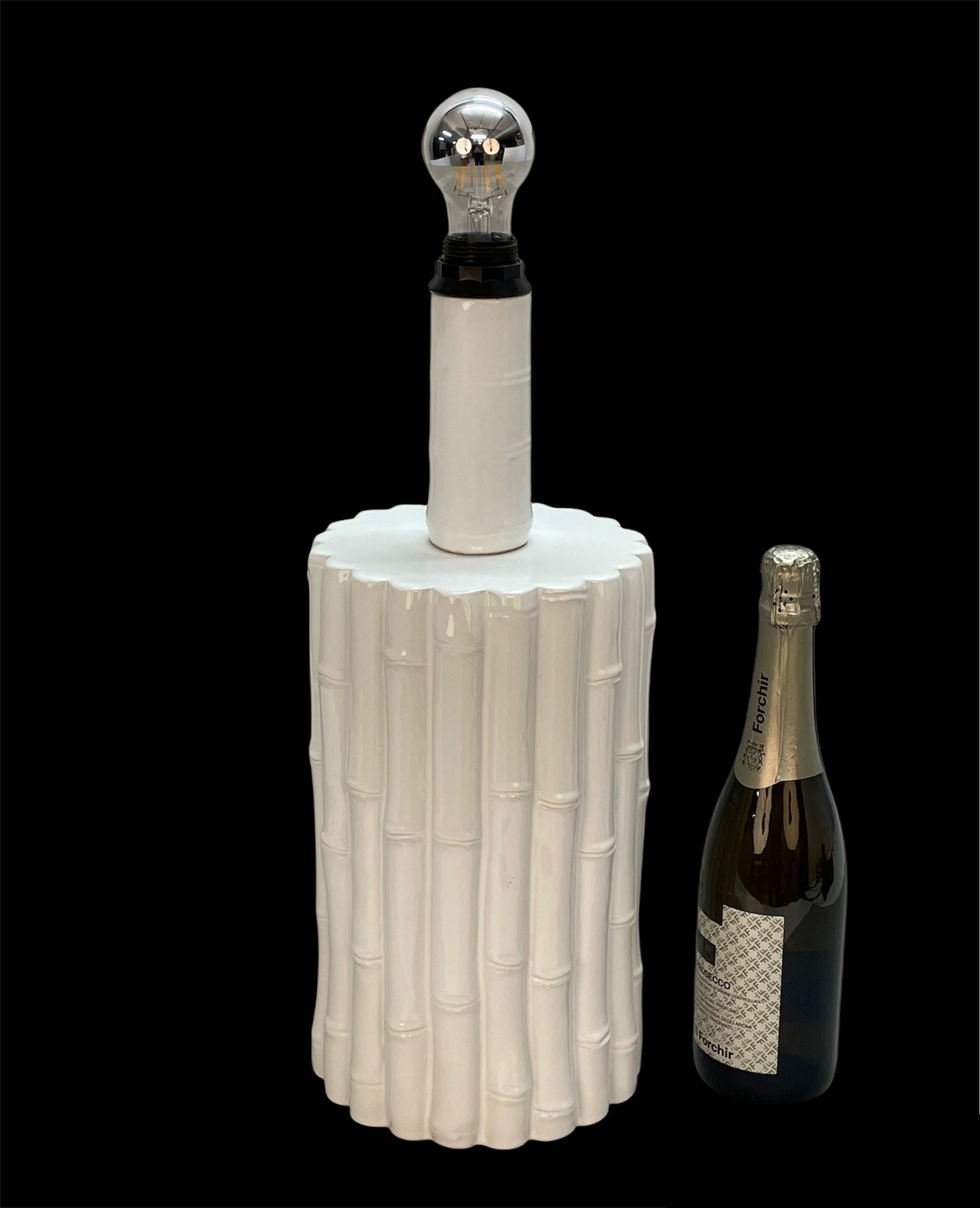 Tommaso Barbi Midcentury White Ceramic and Faux Bamboo Italian Table Lamp, 1970s For Sale 13