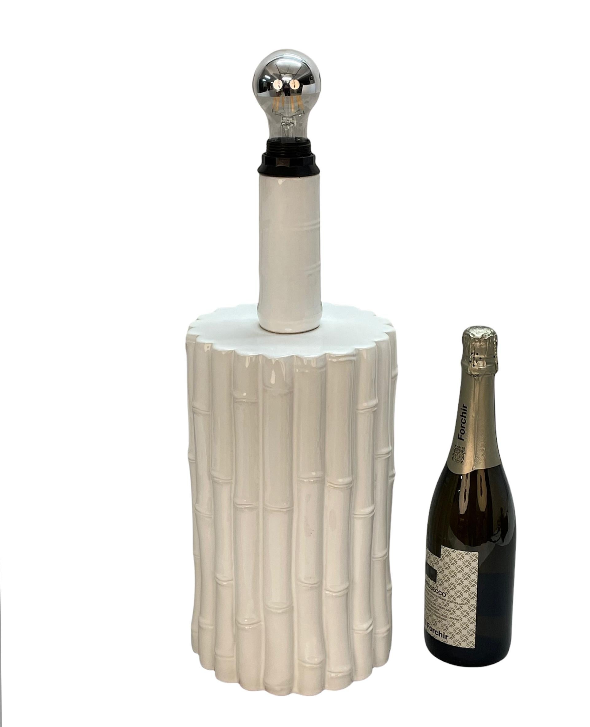 Tommaso Barbi Midcentury White Ceramic and Faux Bamboo Italian Table Lamp, 1970s For Sale 14
