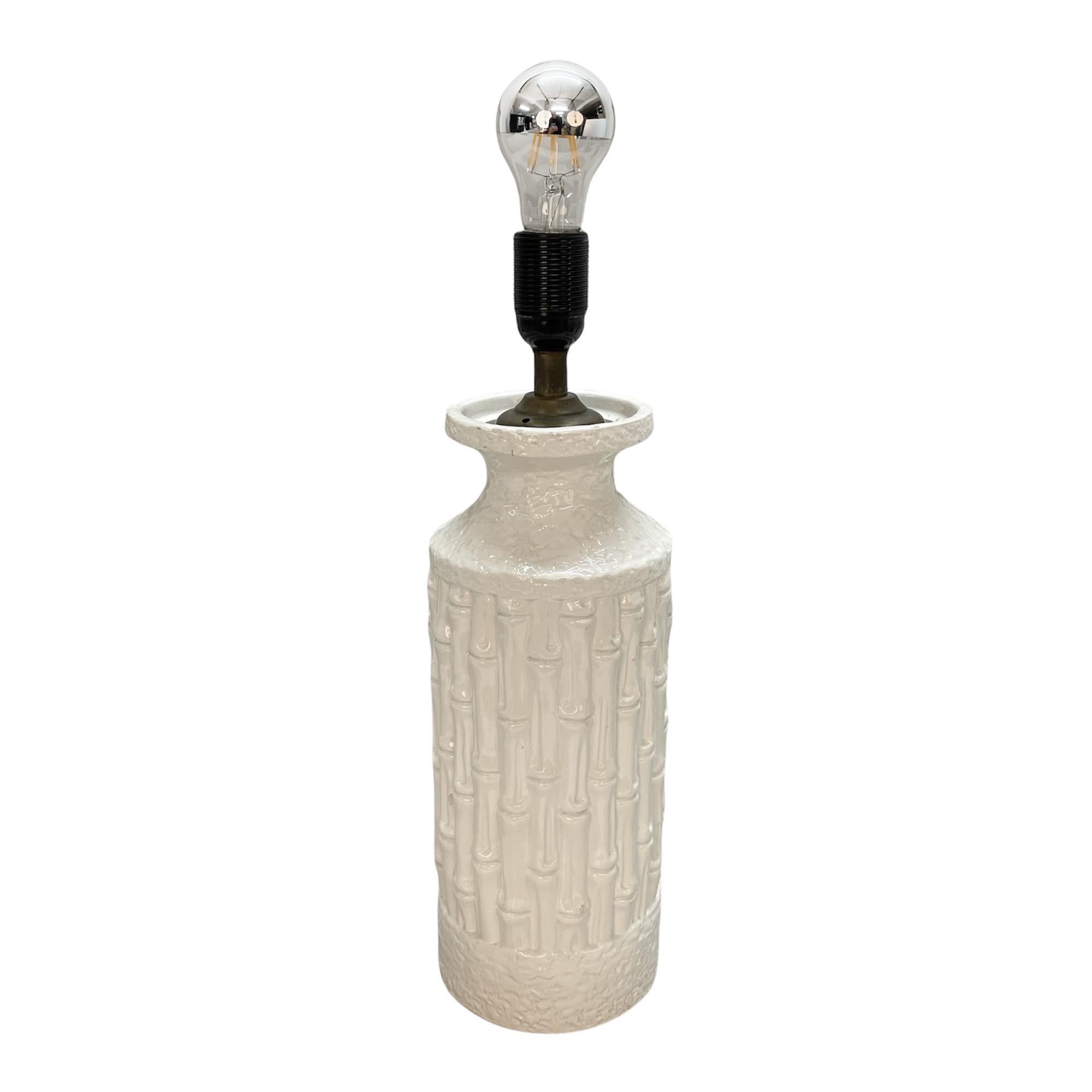Mid-Century Modern Tommaso Barbi Midcentury White Ceramic and Faux Bamboo Italian Table Lamp, 1970s For Sale