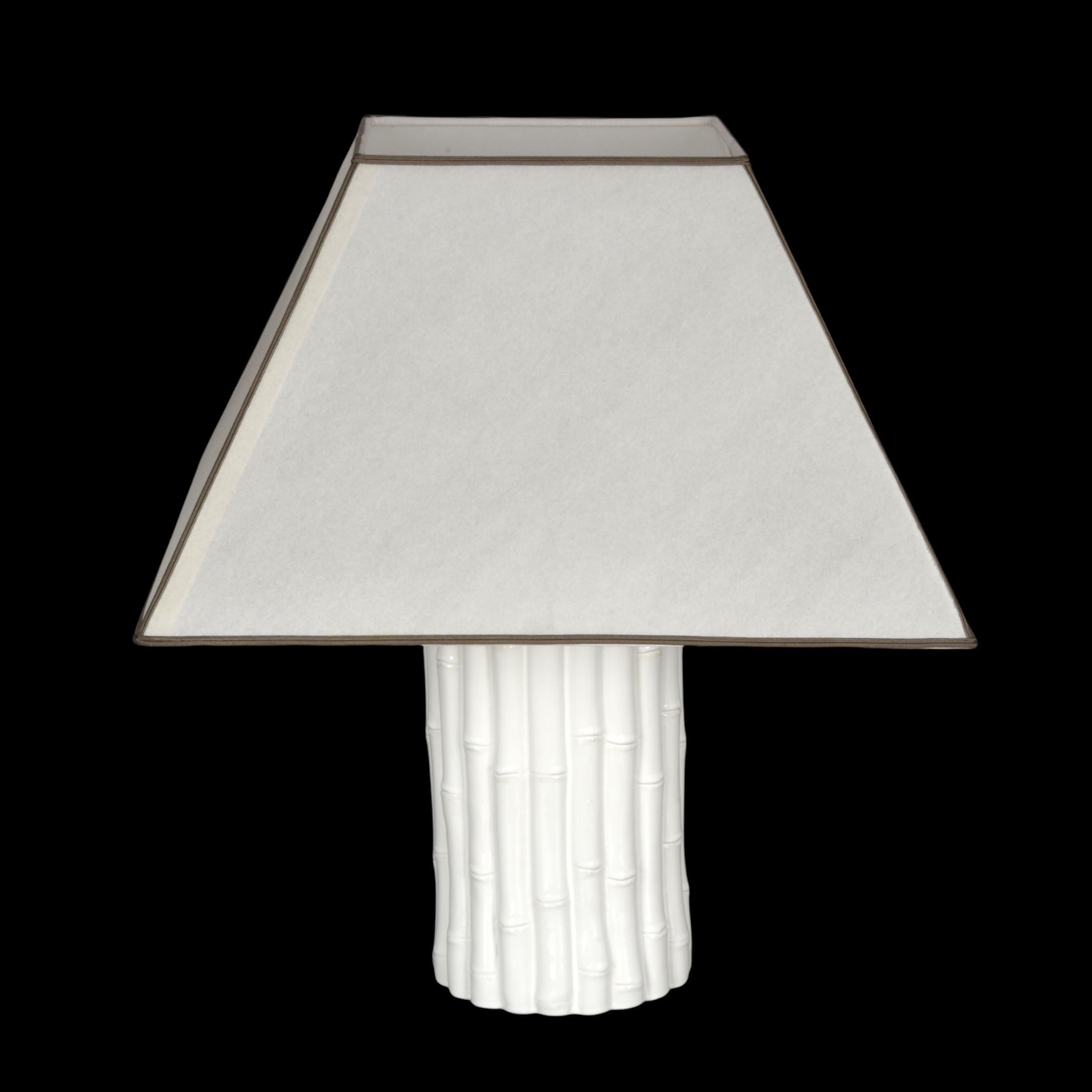 Glazed Tommaso Barbi Midcentury White Ceramic and Faux Bamboo Italian Table Lamp, 1970s For Sale