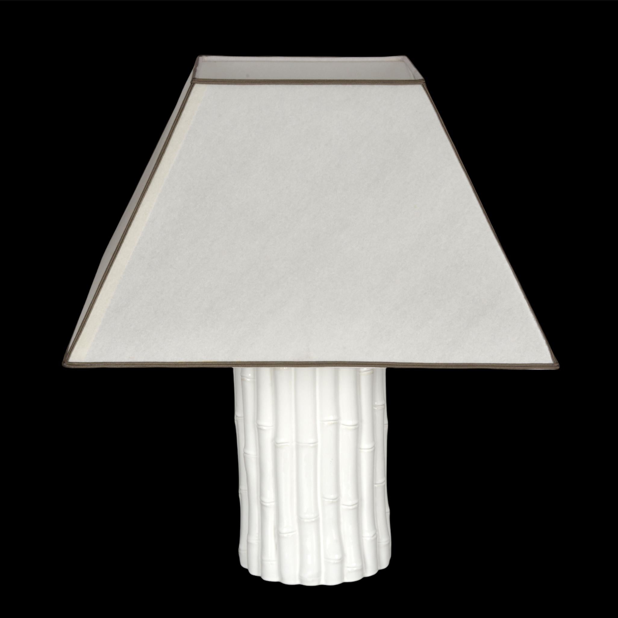 Late 20th Century Tommaso Barbi Midcentury White Ceramic and Faux Bamboo Italian Table Lamp, 1970s For Sale