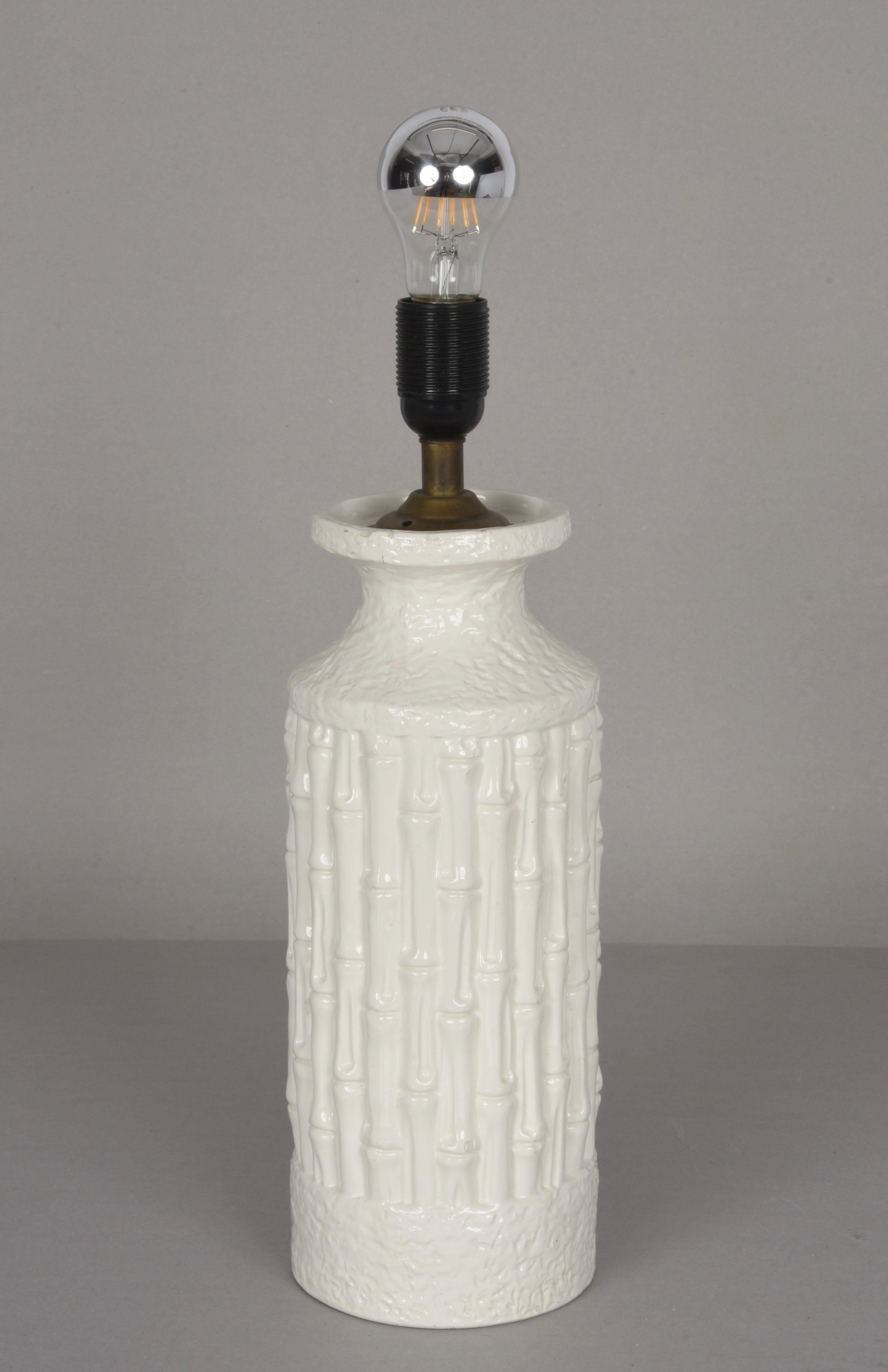 Late 20th Century Tommaso Barbi Midcentury White Ceramic and Faux Bamboo Italian Table Lamp, 1970s For Sale