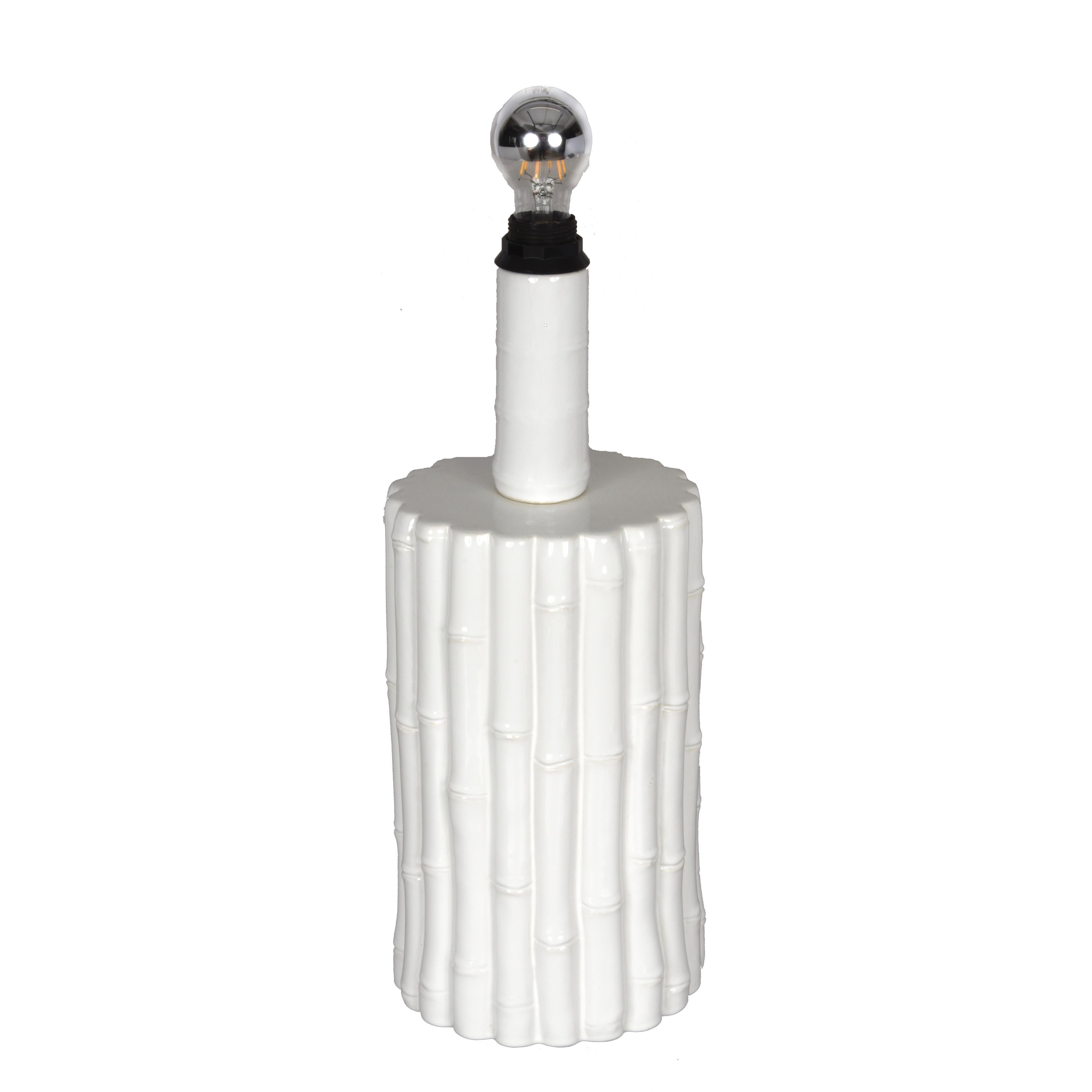 Tommaso Barbi Midcentury White Ceramic and Faux Bamboo Italian Table Lamp, 1970s For Sale 2