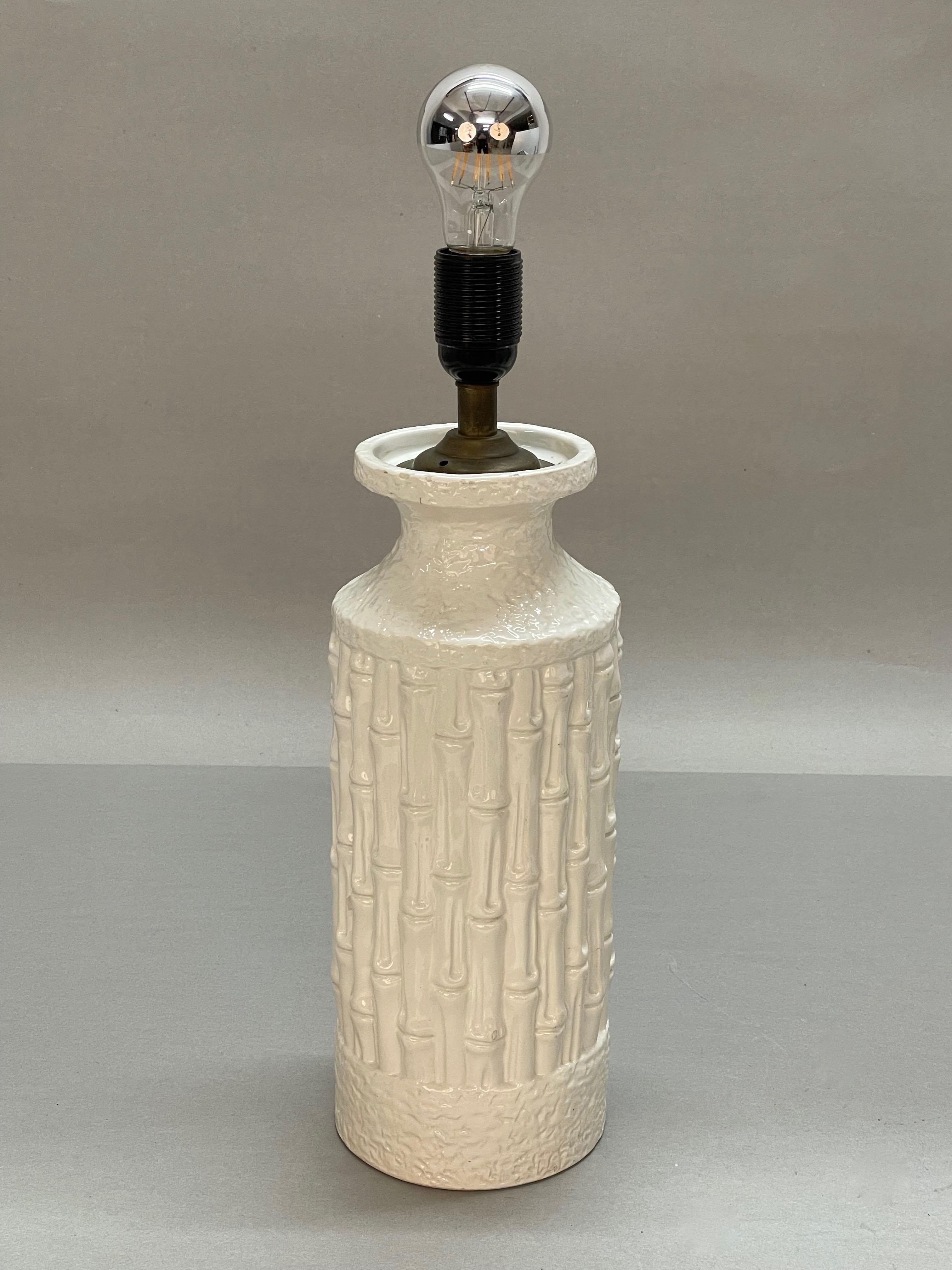 Tommaso Barbi Midcentury White Ceramic and Faux Bamboo Italian Table Lamp, 1970s For Sale 2