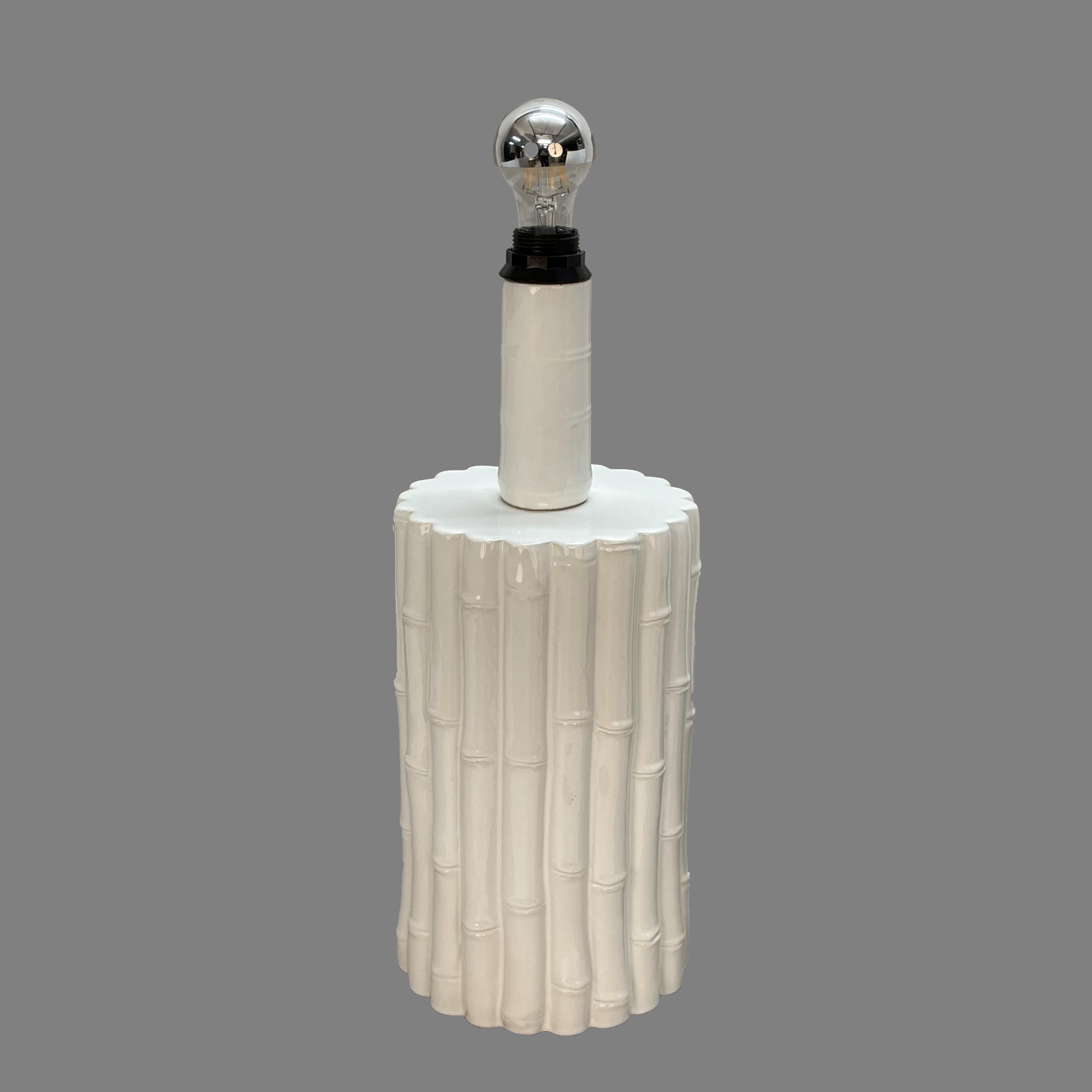 Tommaso Barbi Midcentury White Ceramic and Faux Bamboo Italian Table Lamp, 1970s For Sale 3