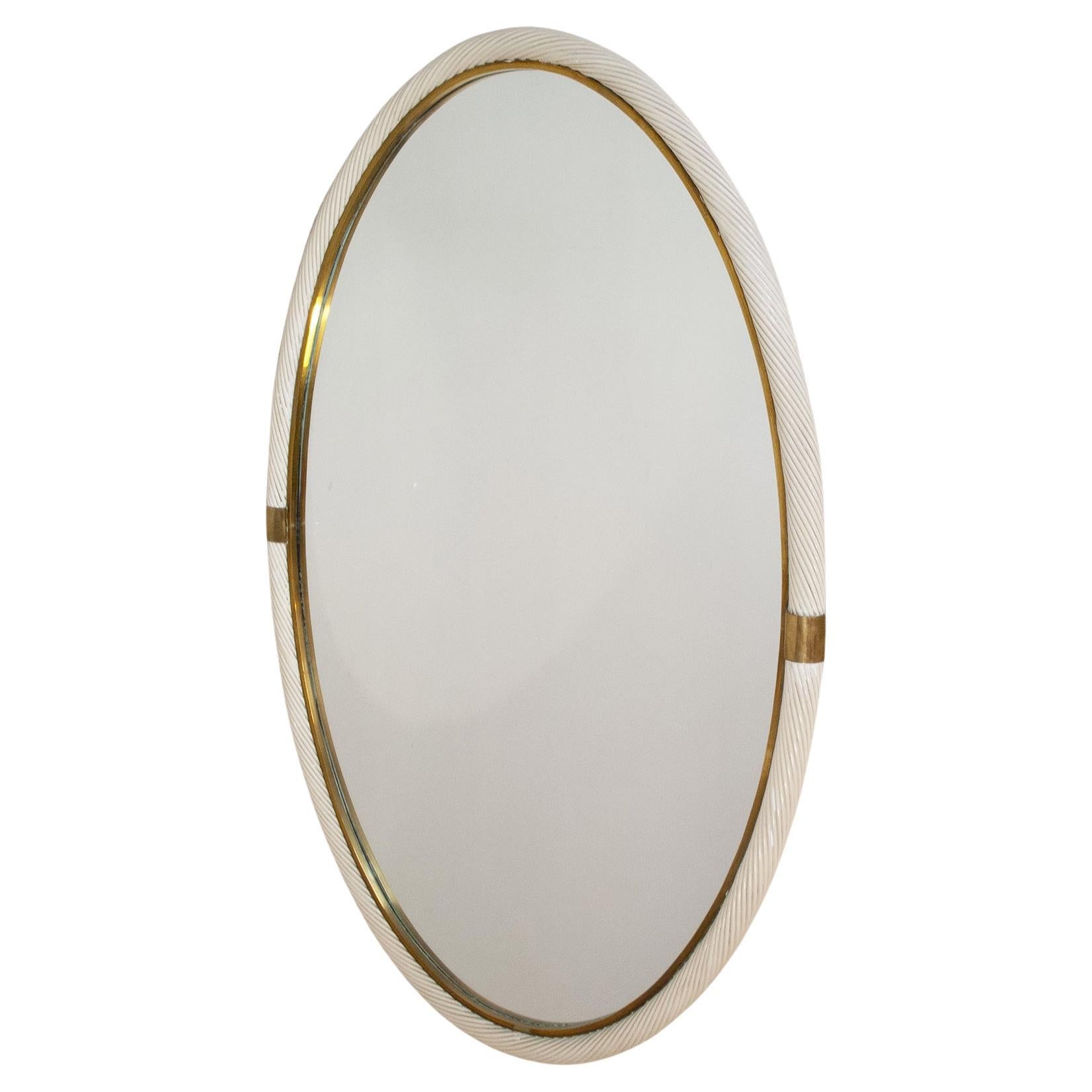 Miroir Tommaso Barbi en laiton et rotin, 1960 en vente