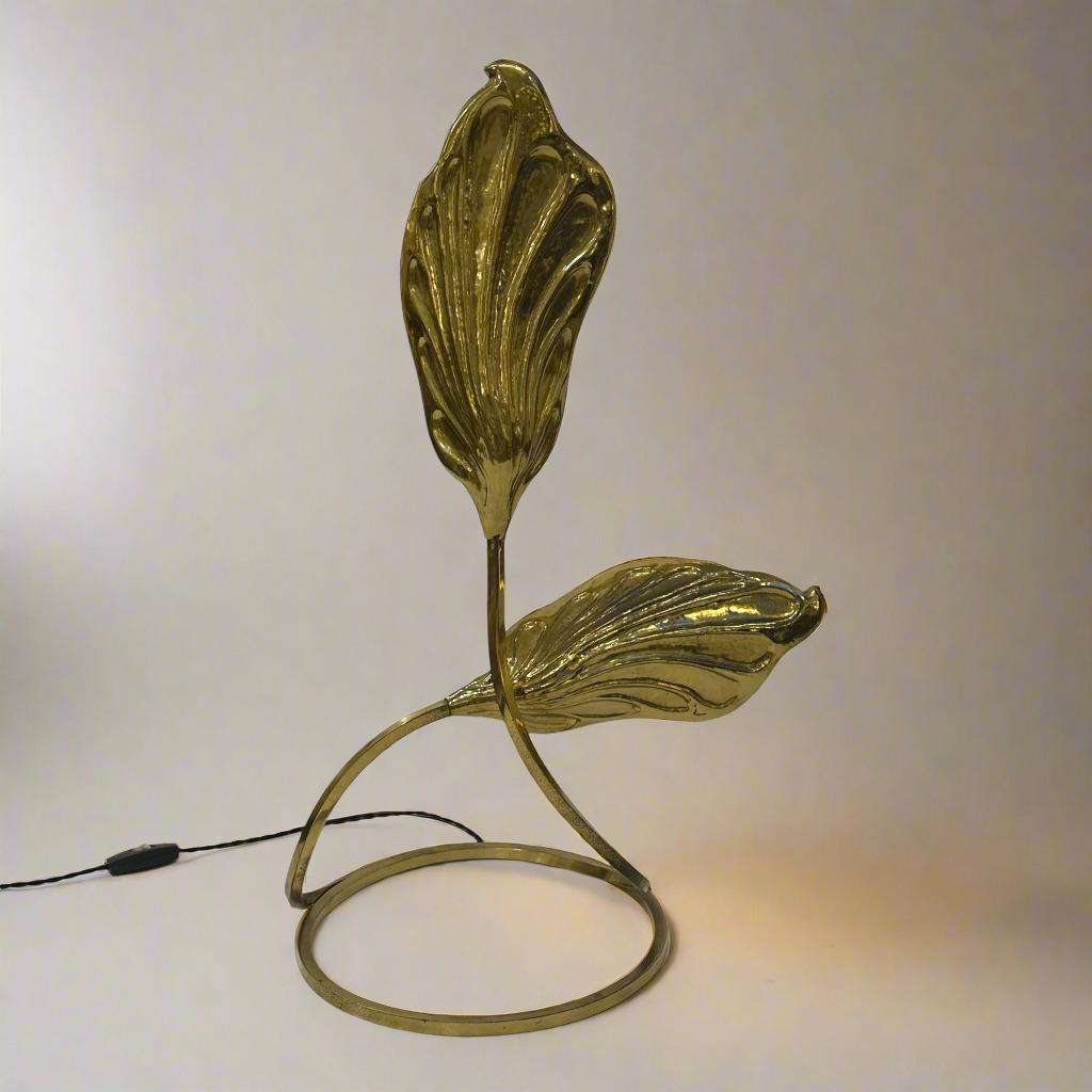 Tommaso Barbi modernist brass table lamp.
Patinated brass, rewired with two candelabra sockets.