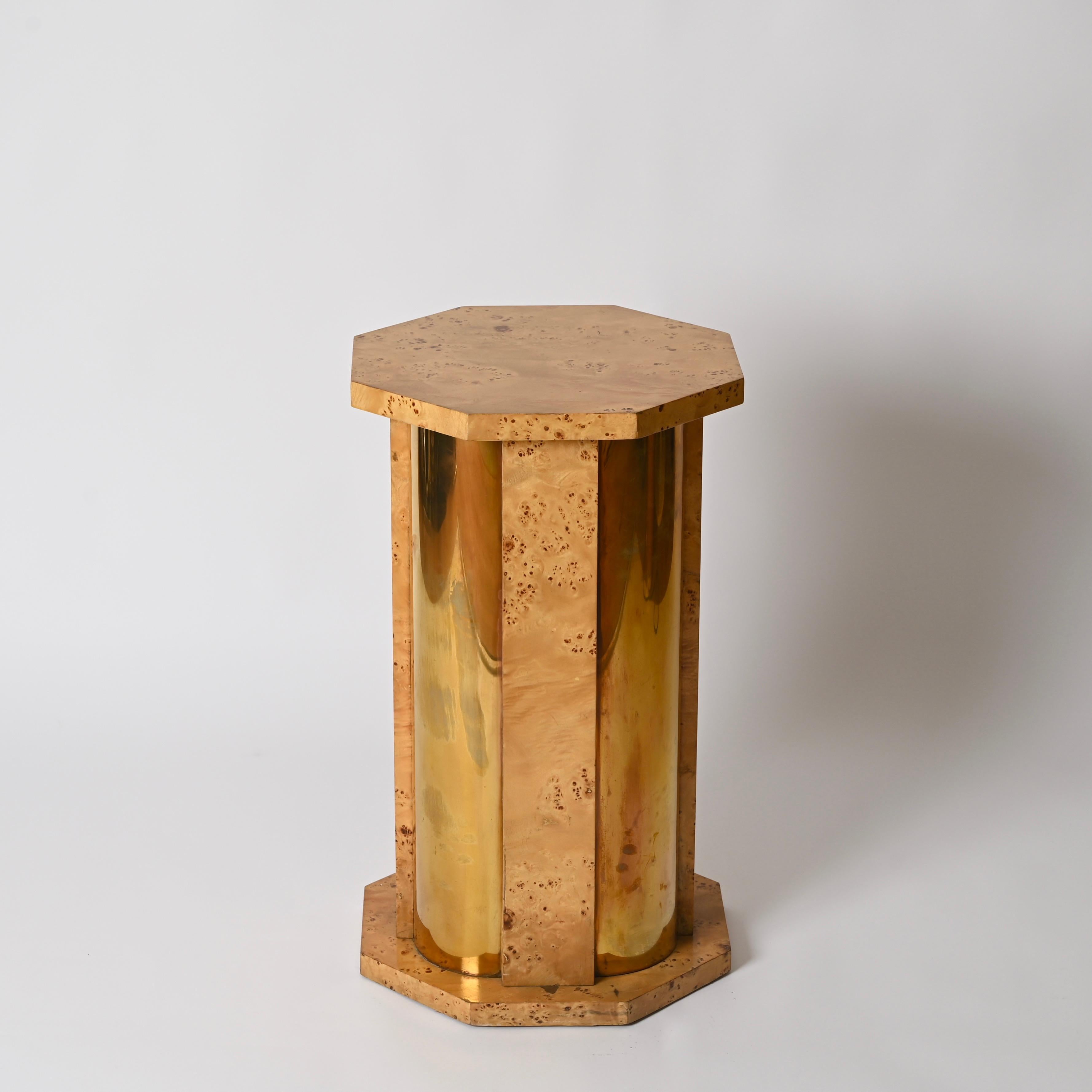 Tommaso Barbi Octagonal Side Table Pedestal in Brass and Birch Burl, Italy 1970s For Sale 5