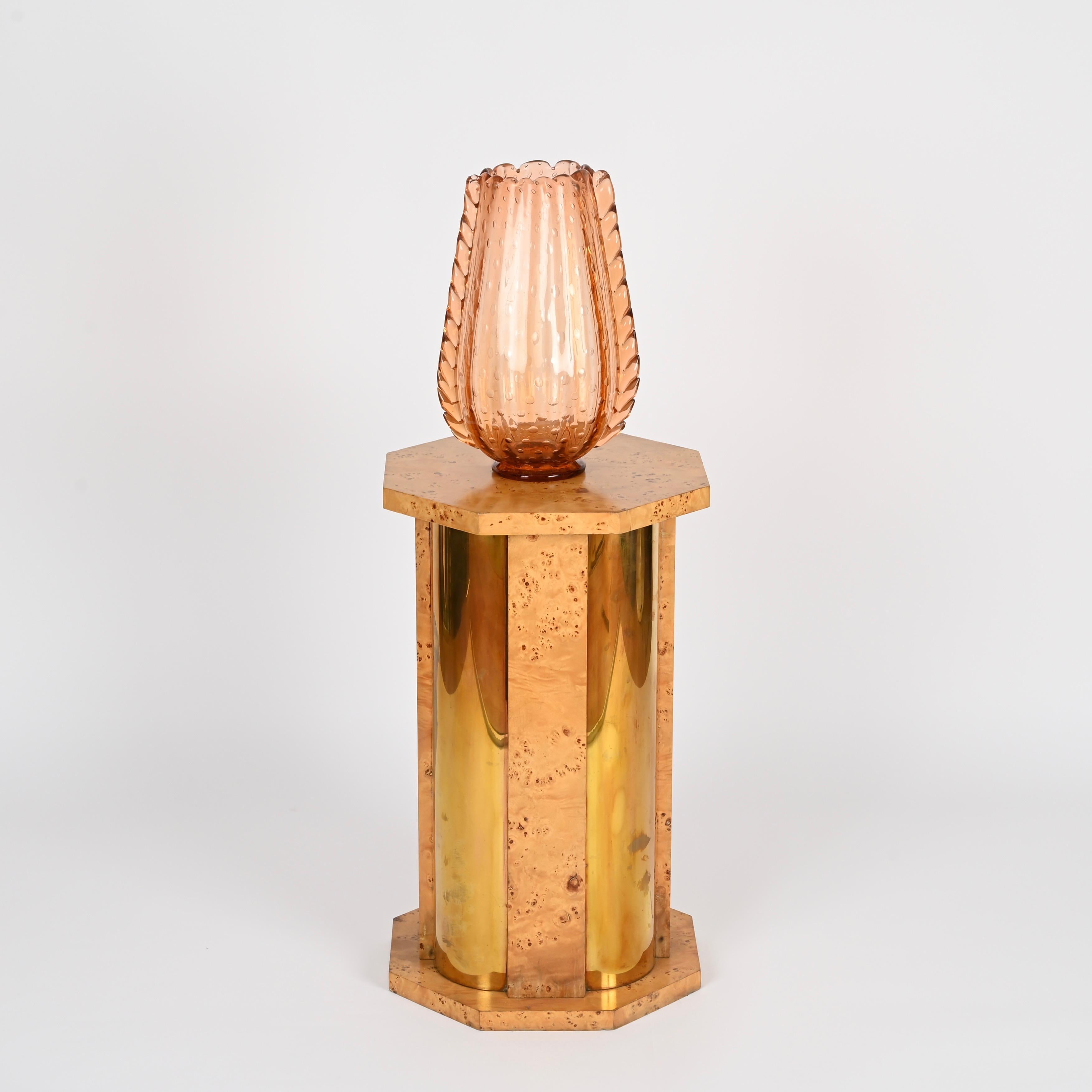 Tommaso Barbi Octagonal Side Table Pedestal in Brass and Birch Burl, Italy 1970s For Sale 6