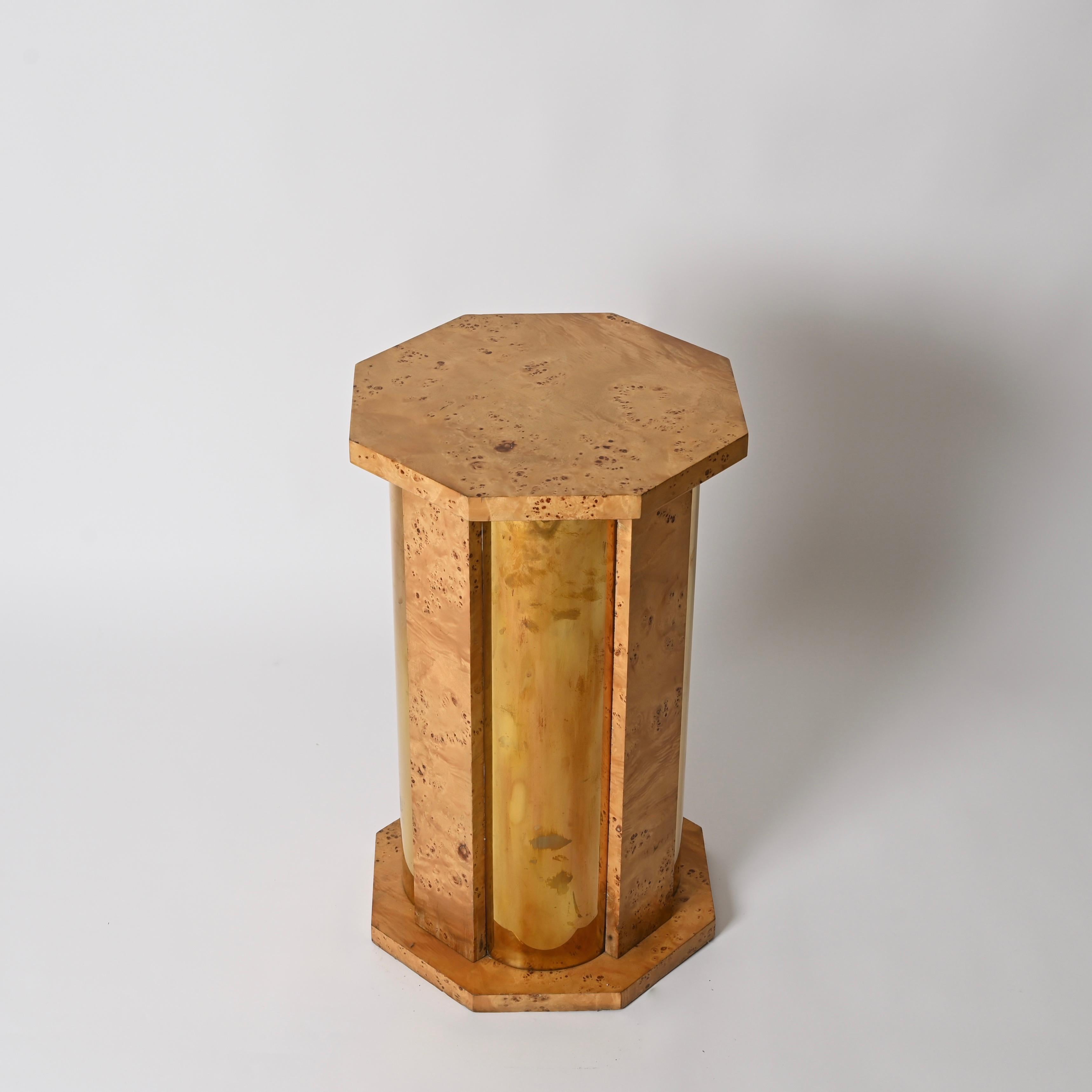 Tommaso Barbi Octagonal Side Table Pedestal in Brass and Birch Burl, Italy 1970s For Sale 7