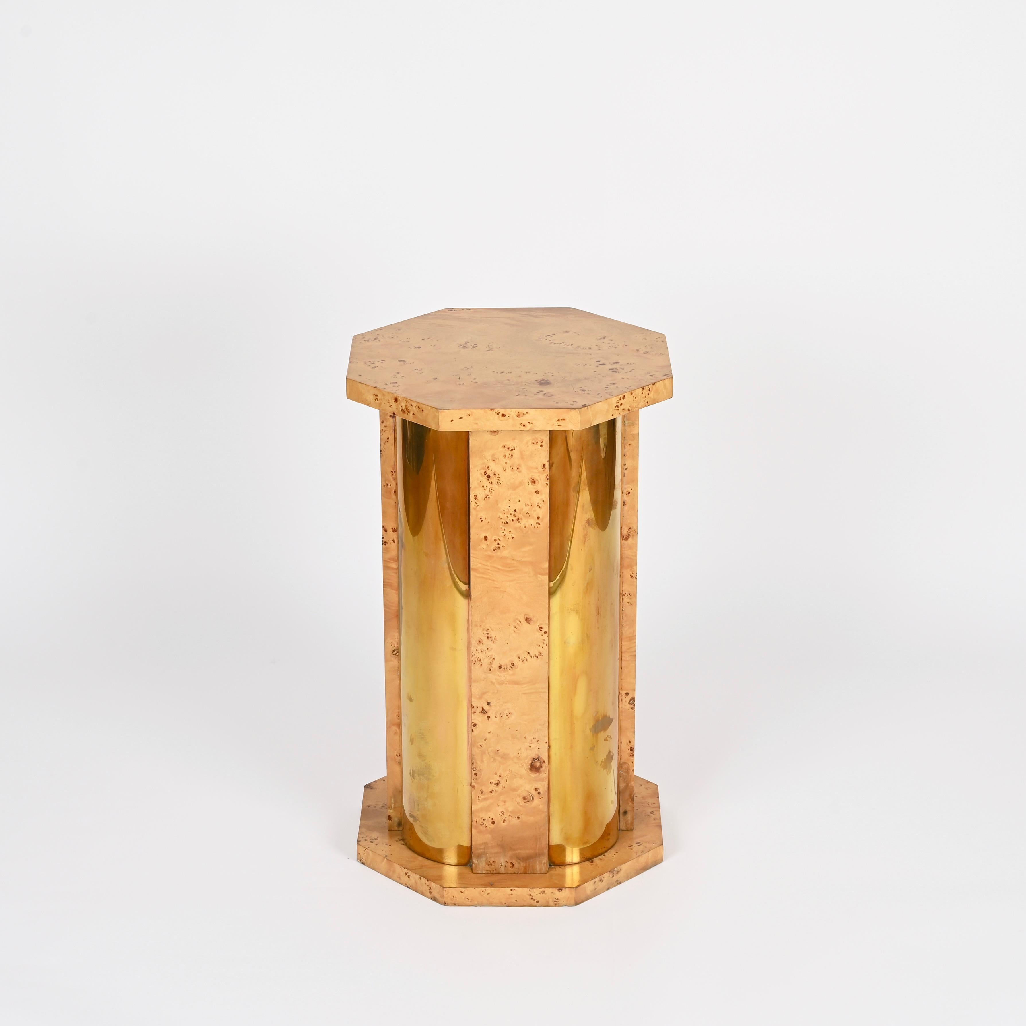 20th Century Tommaso Barbi Octagonal Side Table Pedestal in Brass and Birch Burl, Italy 1970s For Sale