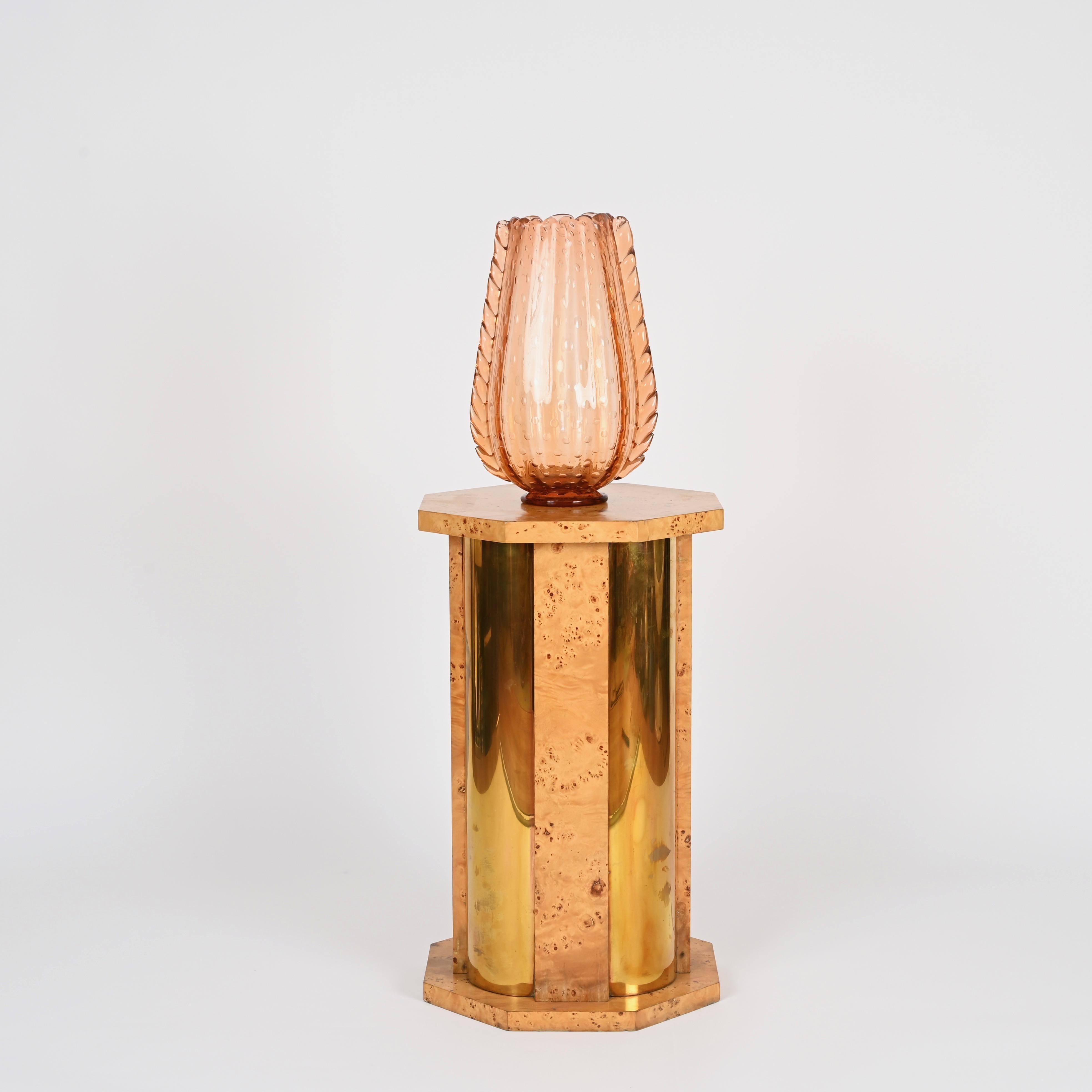 Tommaso Barbi Octagonal Side Table Pedestal in Brass and Birch Burl, Italy 1970s For Sale 2