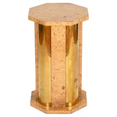 Tommaso Barbi Octagonal Side Table Pedestal in Brass and Birch Burl, Italy 1970s