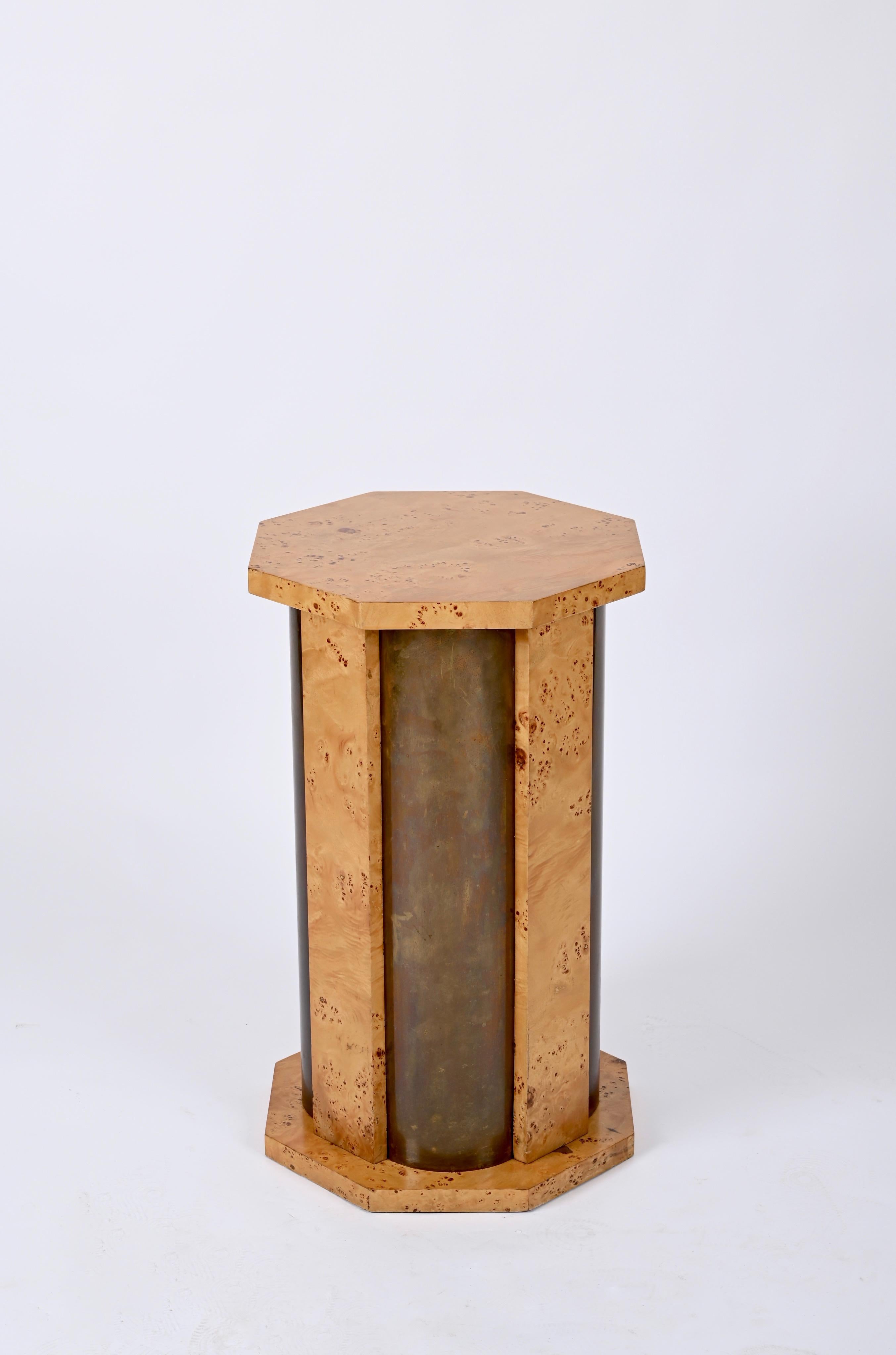 Tommaso Barbi Octagonal Table Pedestal in Burl Wood and Brass, Italy, 1970 For Sale 3