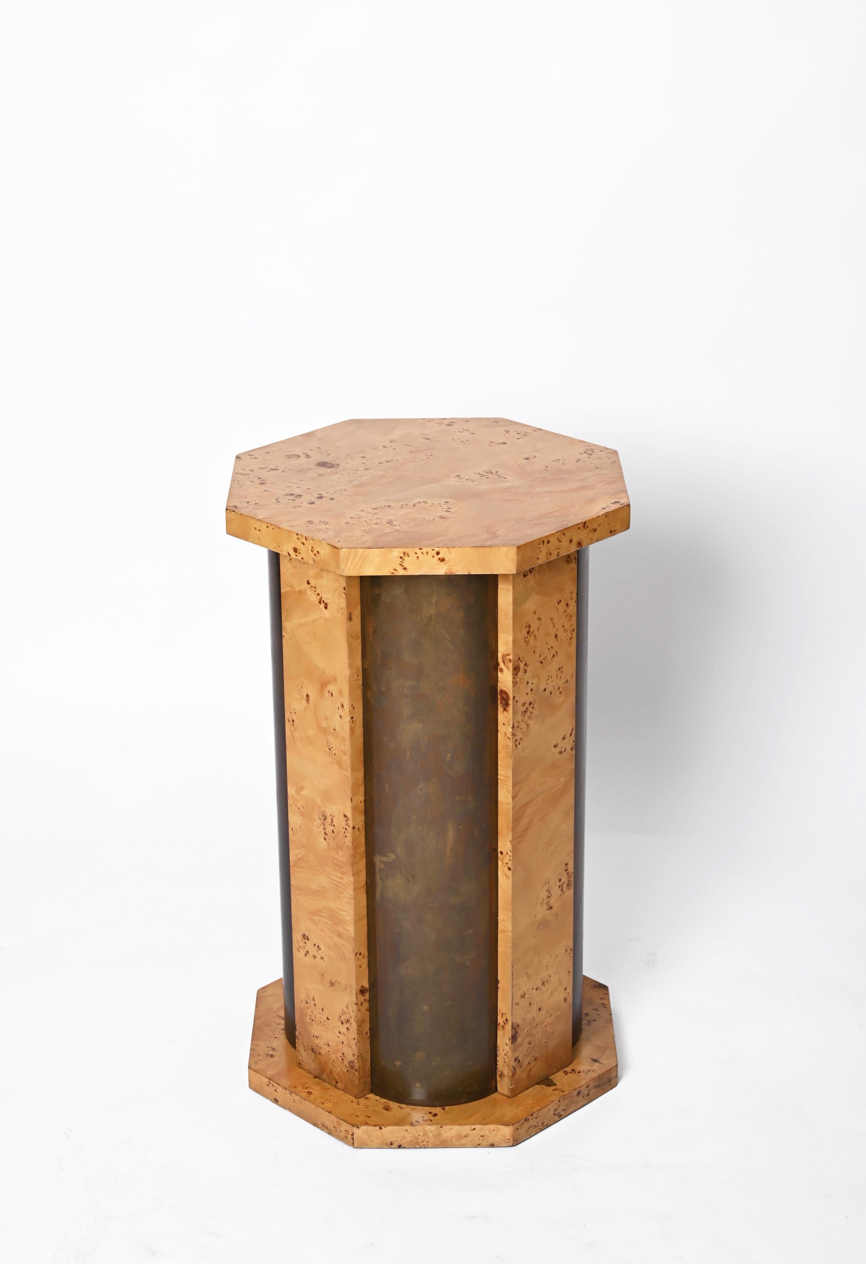 Tommaso Barbi Octagonal Table Pedestal in Burl Wood and Brass, Italy, 1970 For Sale 5
