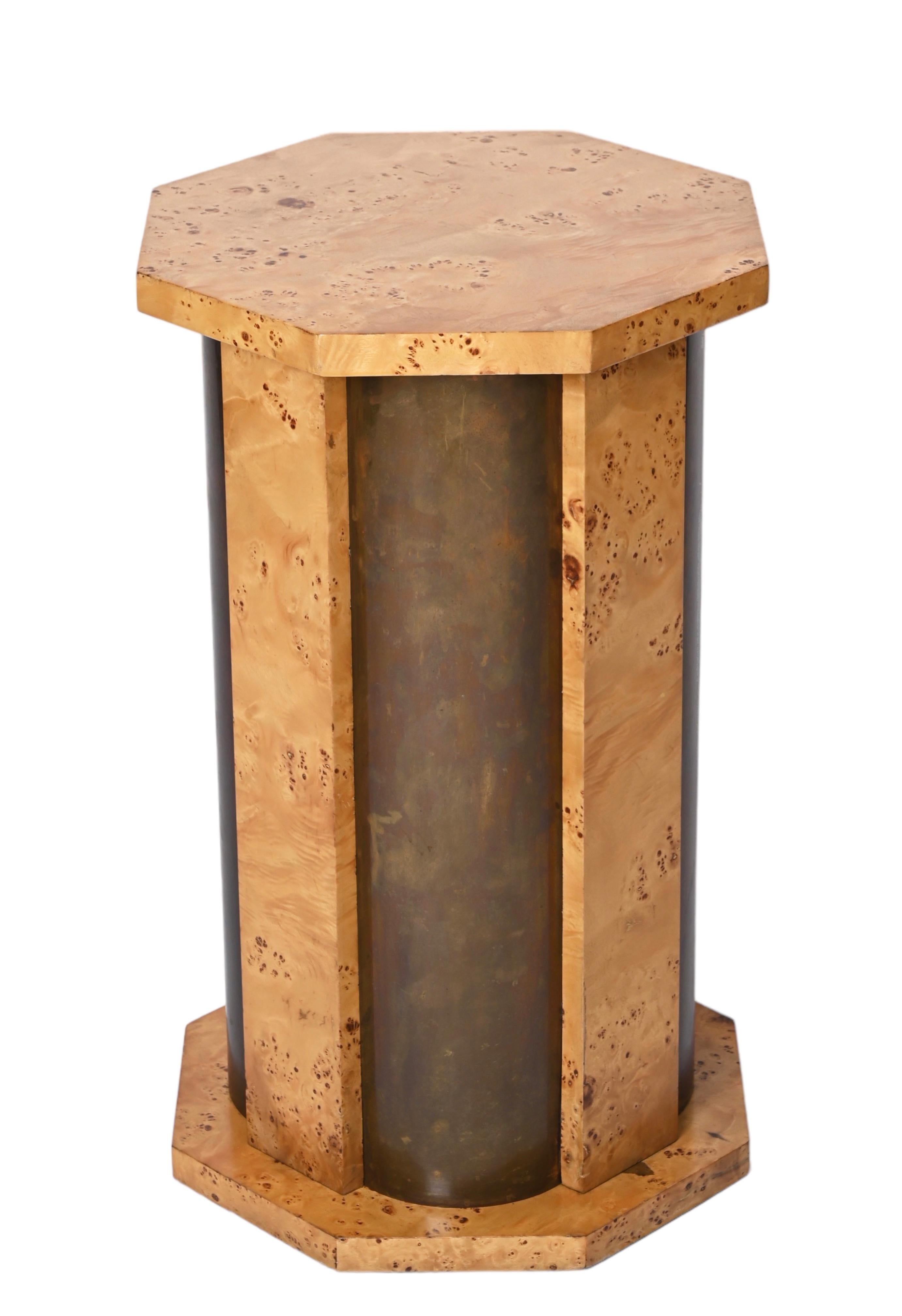 Tommaso Barbi Octagonal Table Pedestal in Burl Wood and Brass, Italy, 1970 For Sale 7