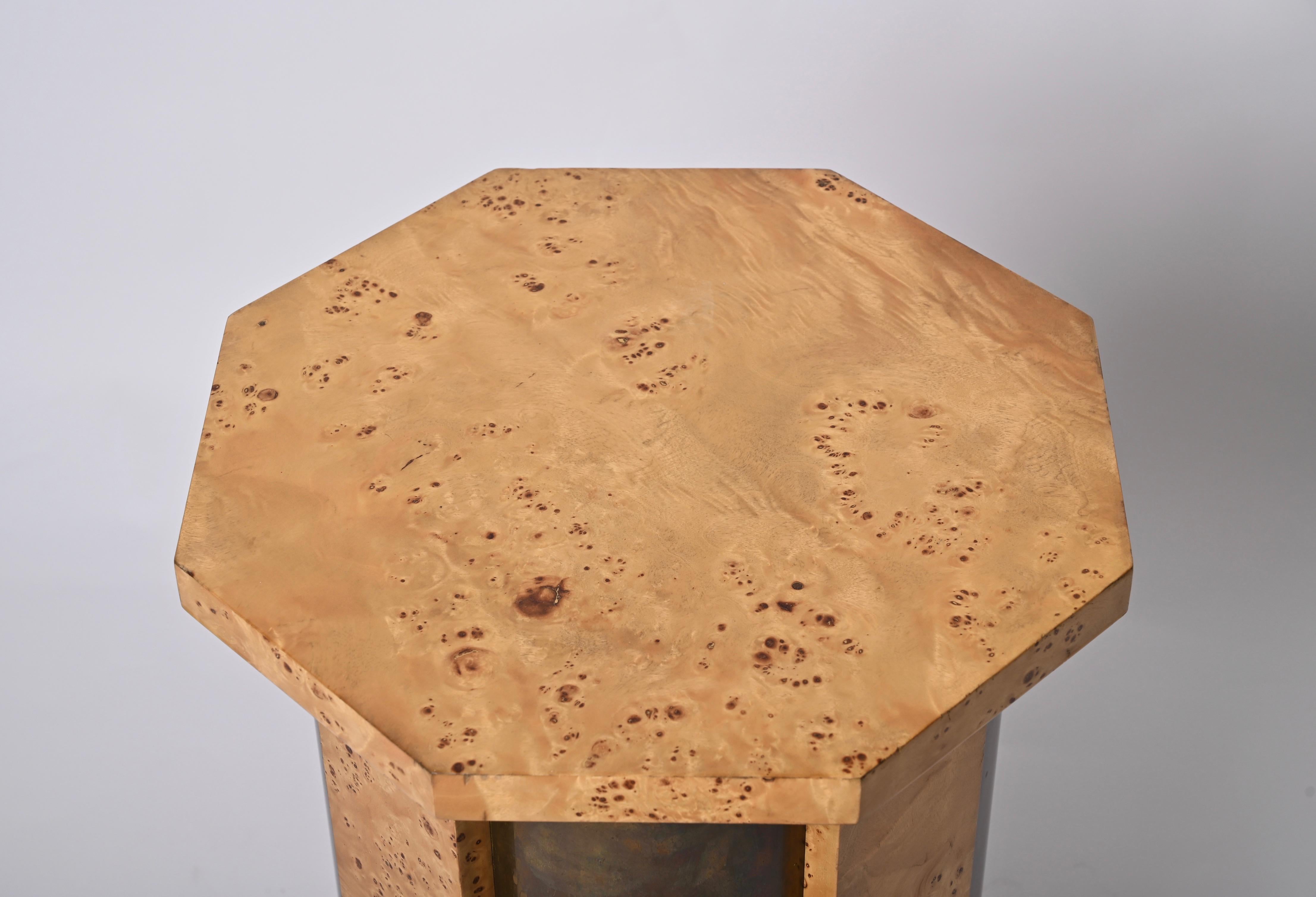 Tommaso Barbi Octagonal Table Pedestal in Burl Wood and Brass, Italy, 1970 For Sale 8