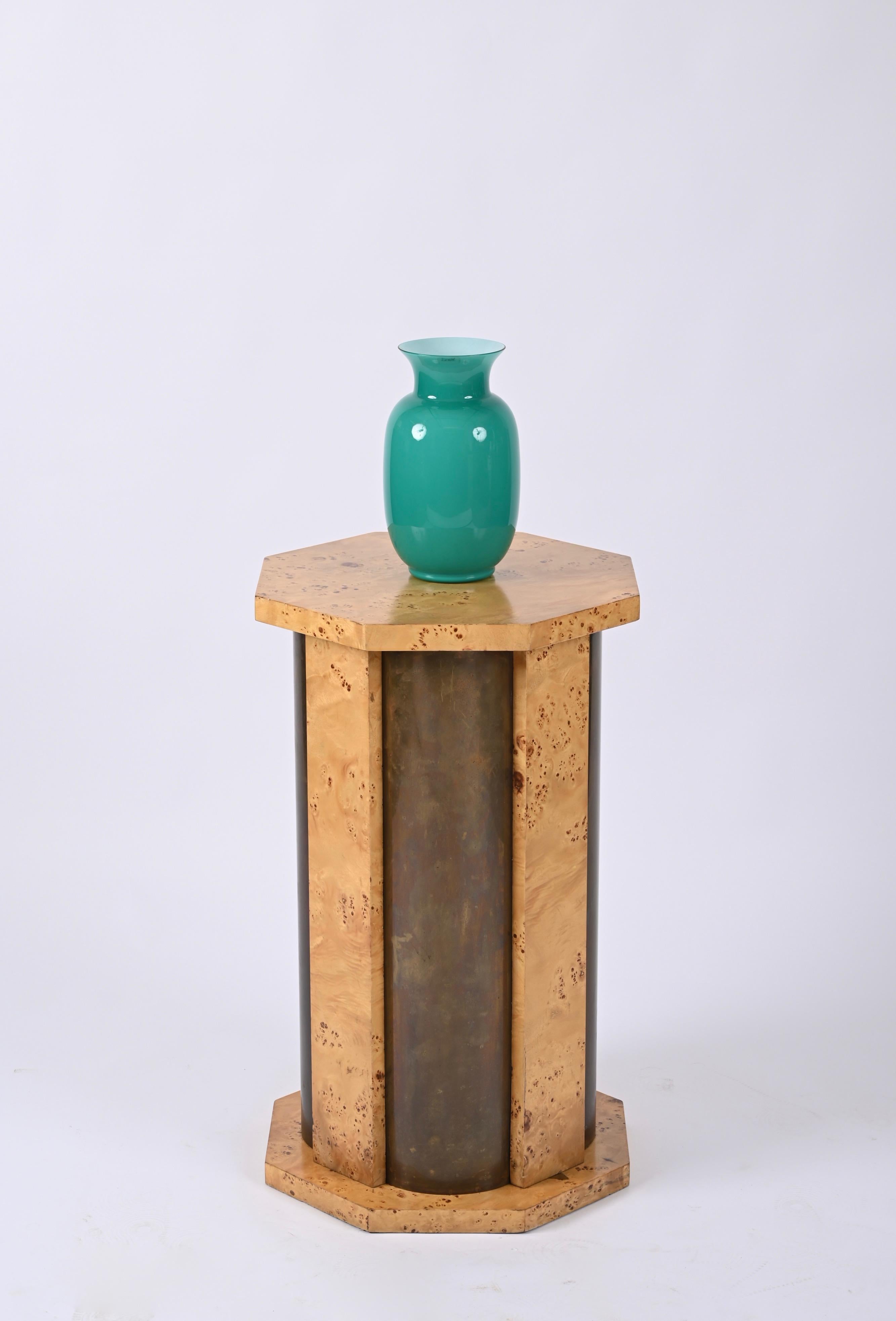 Tommaso Barbi Octagonal Table Pedestal in Burl Wood and Brass, Italy, 1970 For Sale 9