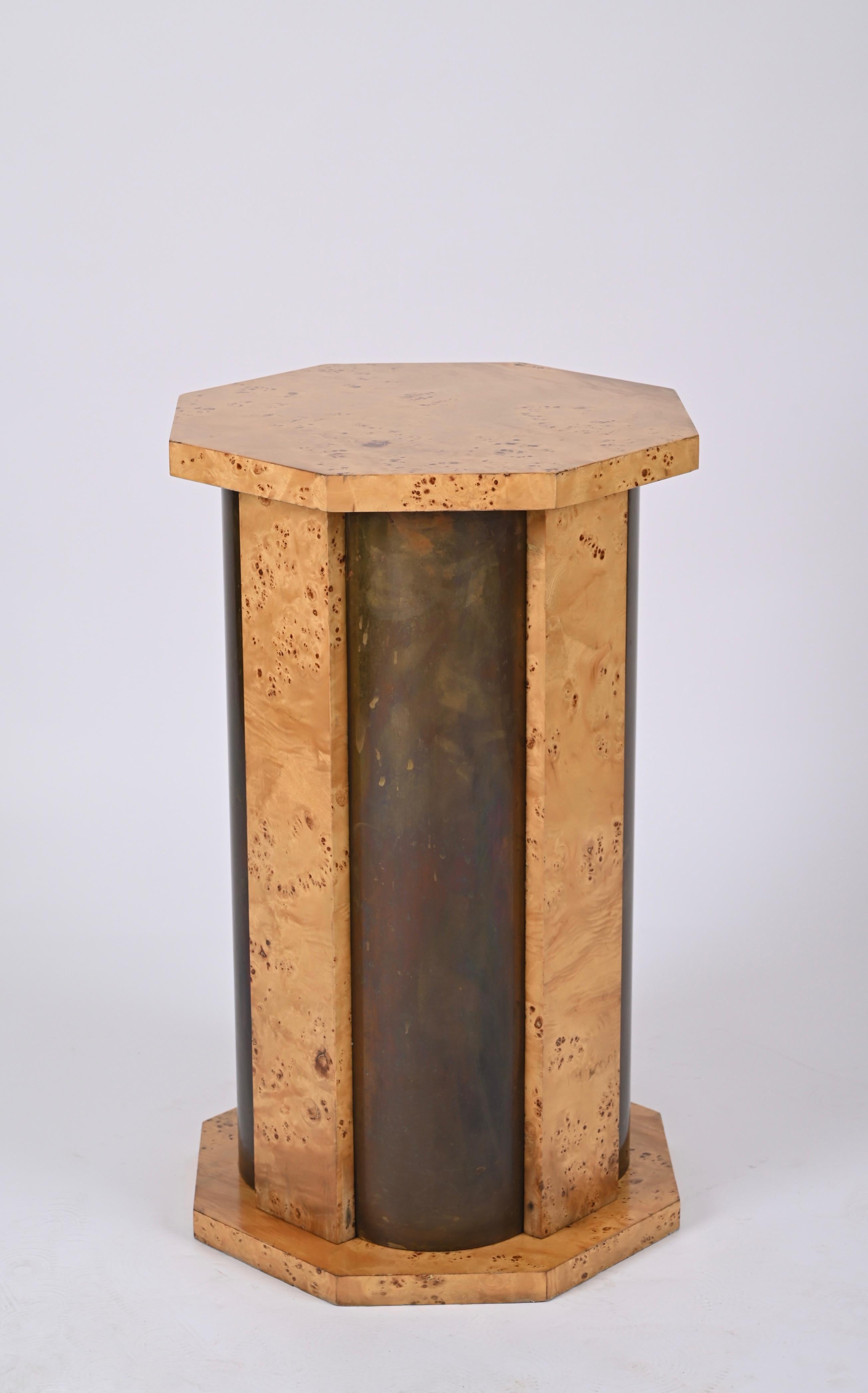 Tommaso Barbi Octagonal Table Pedestal in Burl Wood and Brass, Italy, 1970 For Sale 11