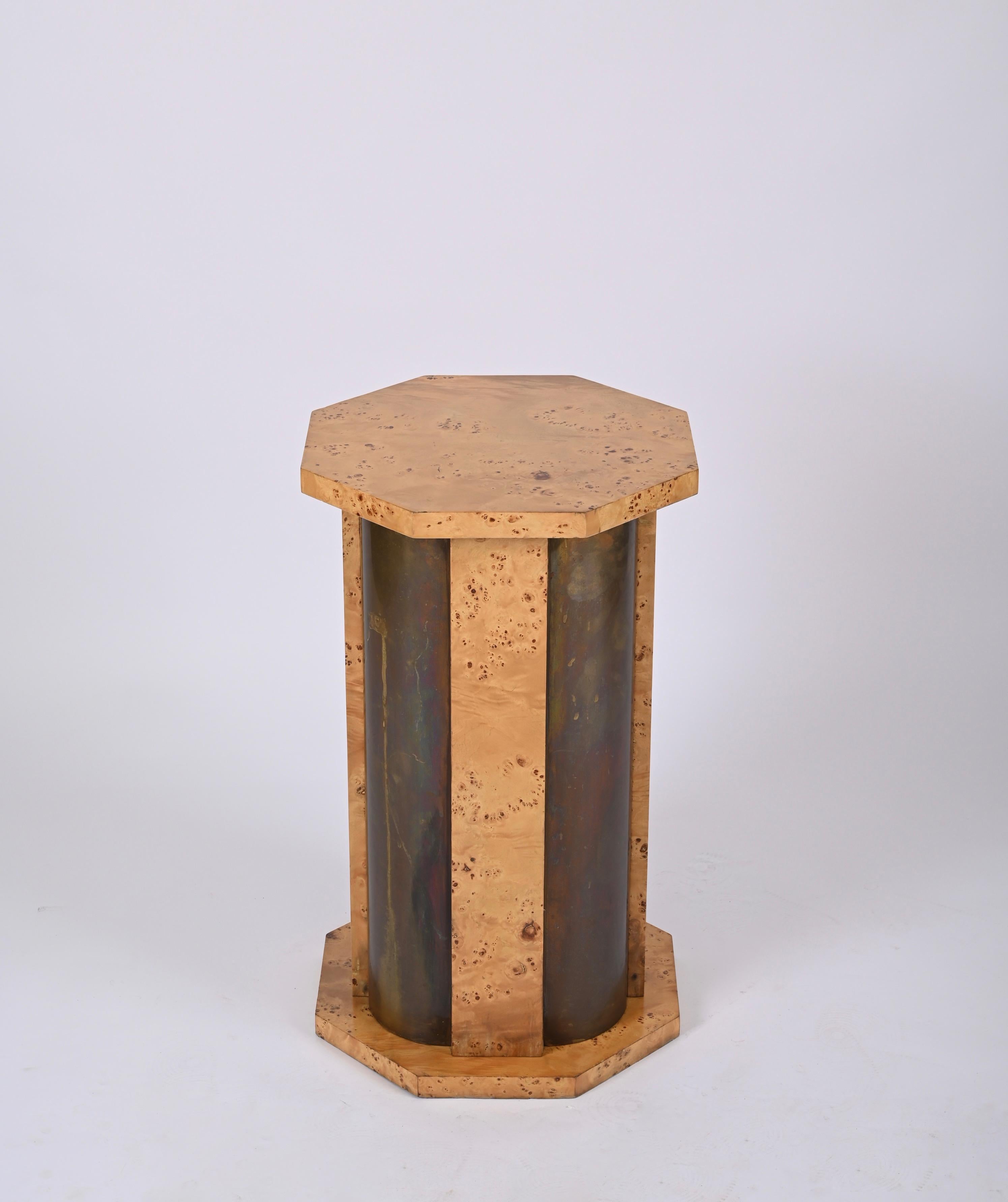 Tommaso Barbi Octagonal Table Pedestal in Burl Wood and Brass, Italy, 1970 For Sale 12