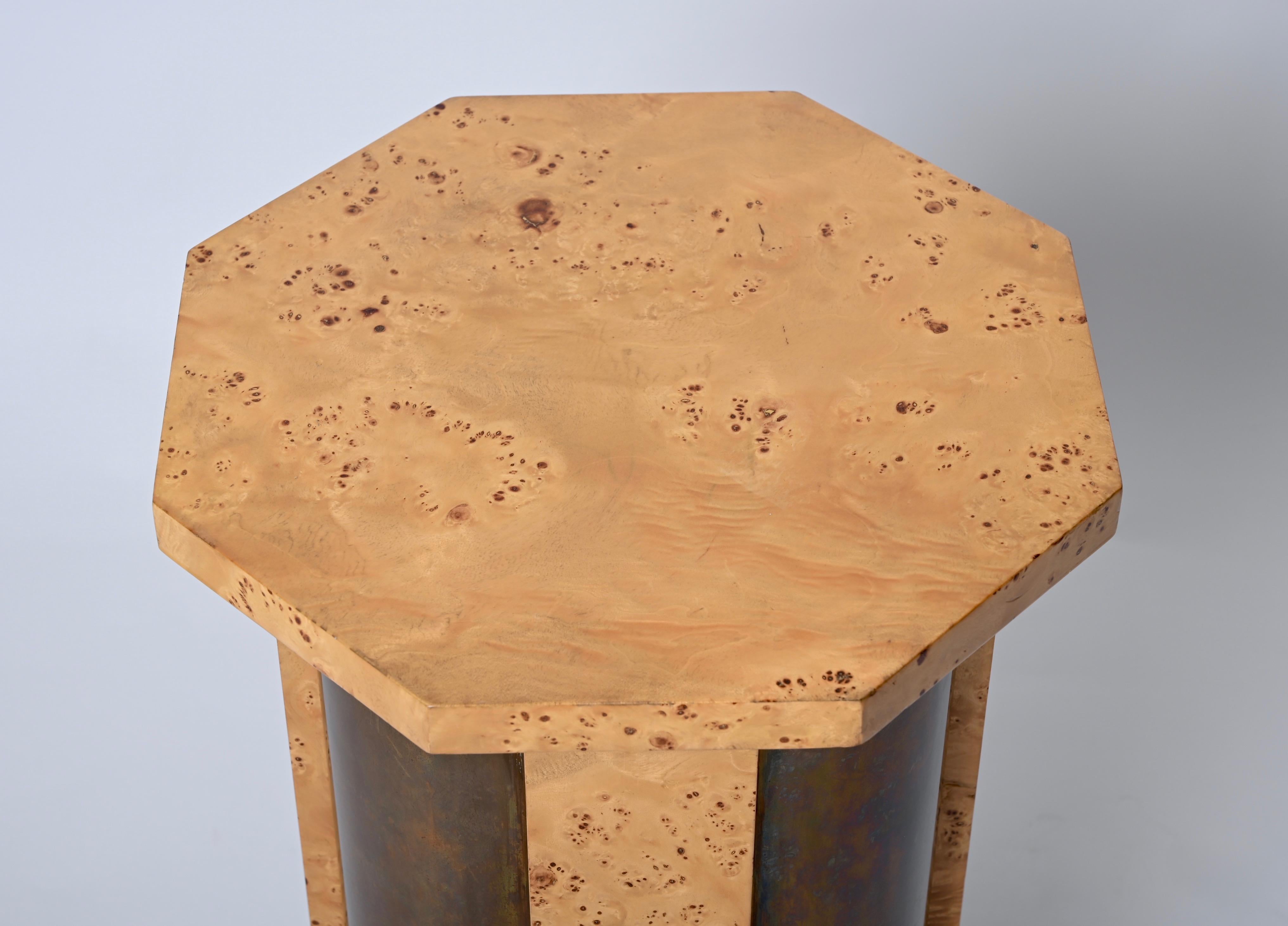 Tommaso Barbi Octagonal Table Pedestal in Burl Wood and Brass, Italy, 1970 For Sale 12