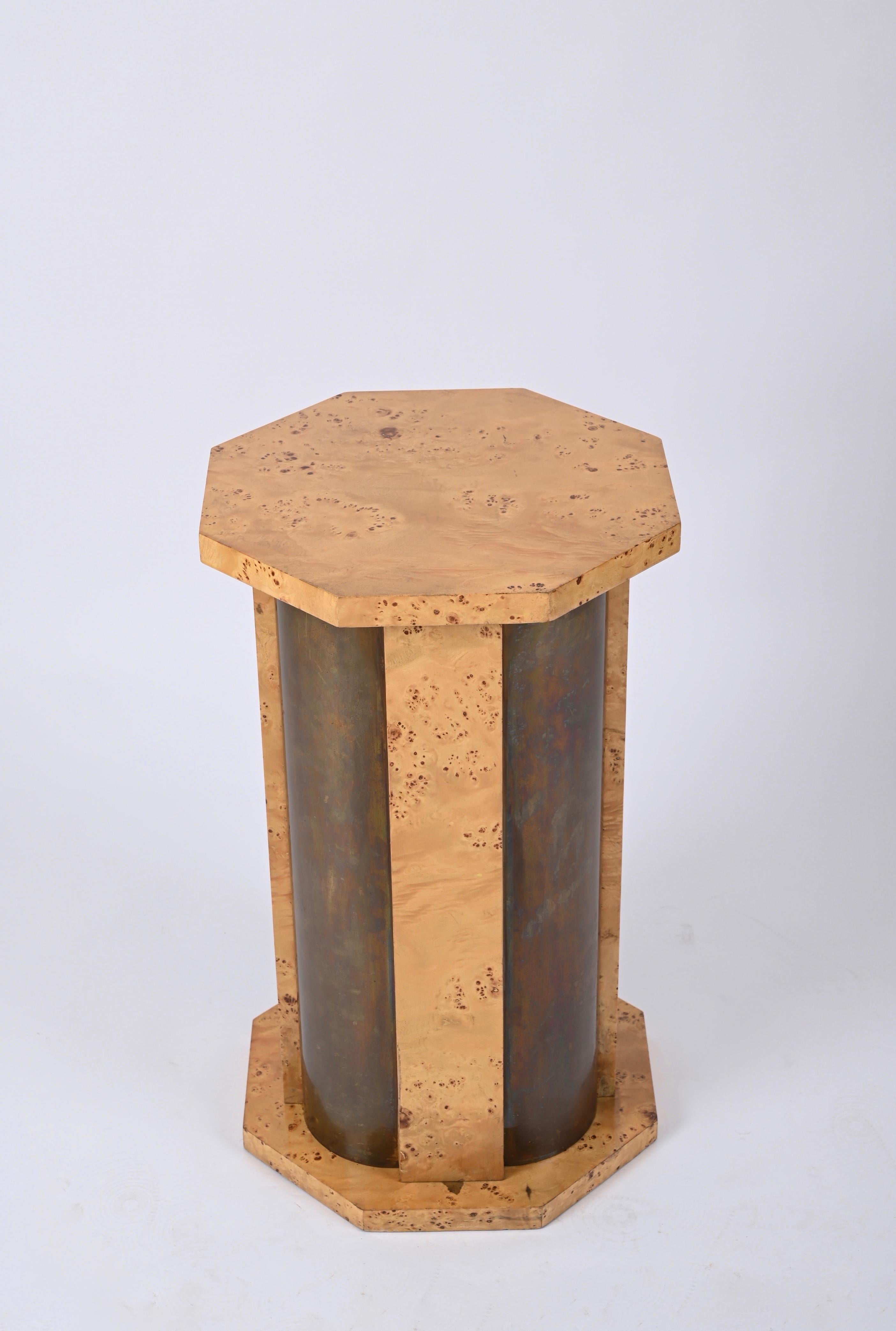Italian Tommaso Barbi Octagonal Table Pedestal in Burl Wood and Brass, Italy, 1970 For Sale