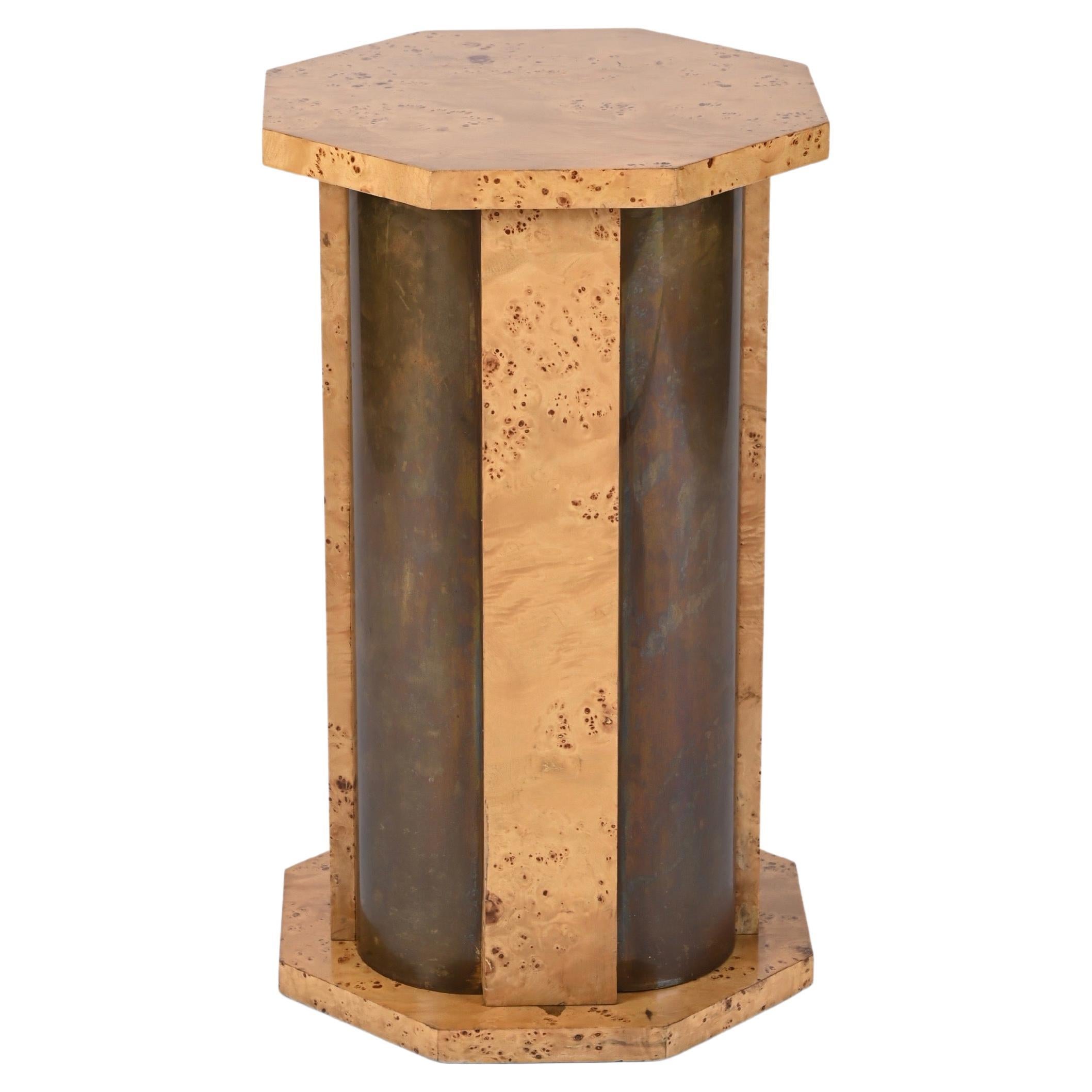 Tommaso Barbi Octagonal Table Pedestal in Burl Wood and Brass, Italy, 1970