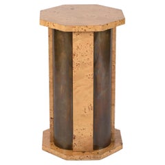 Tommaso Barbi Octagonal Table Pedestal in Burl Wood and Brass, Italy 1970