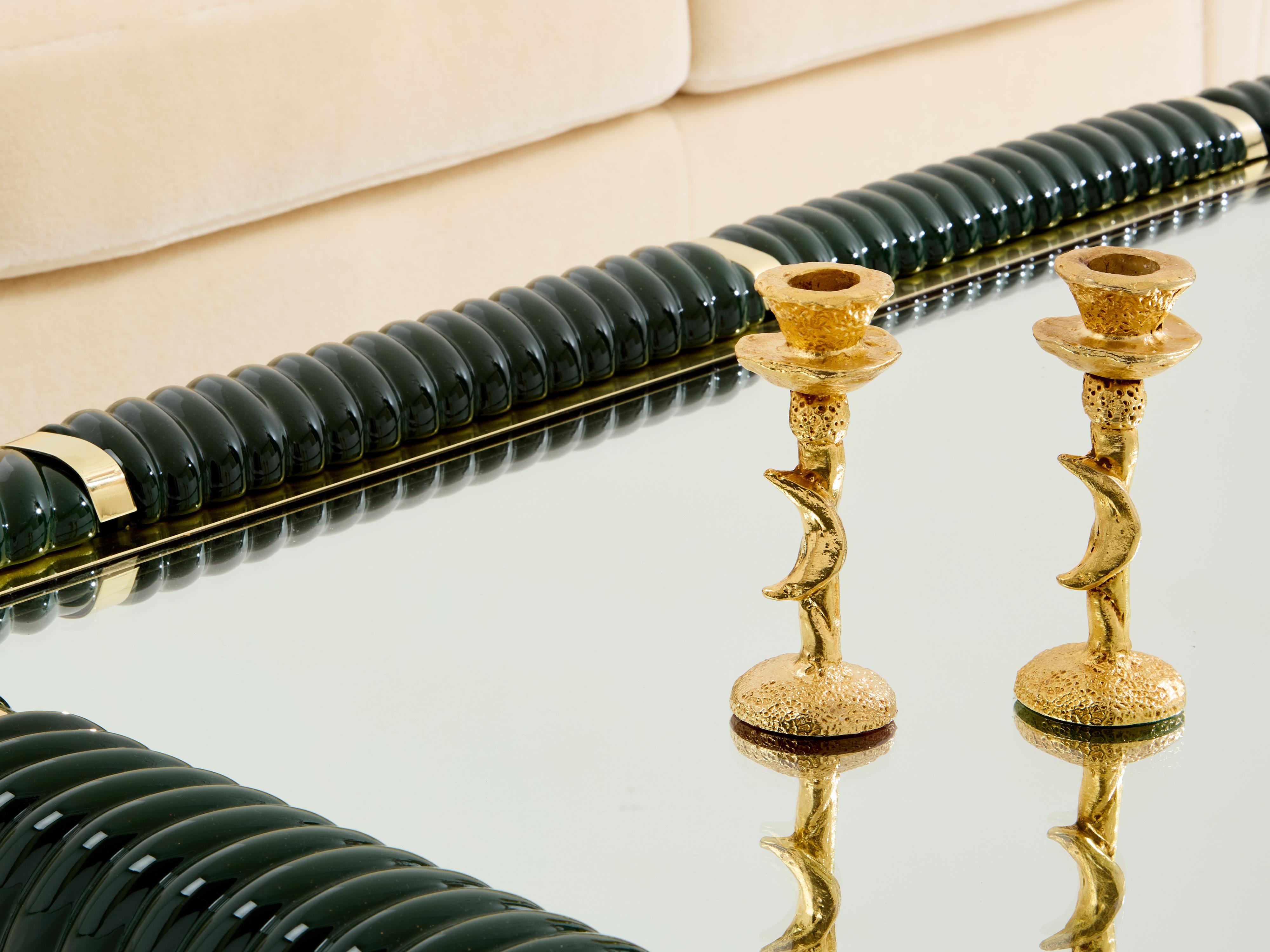 Tommaso Barbi olive green ceramic and brass coffee table 1970s For Sale 3
