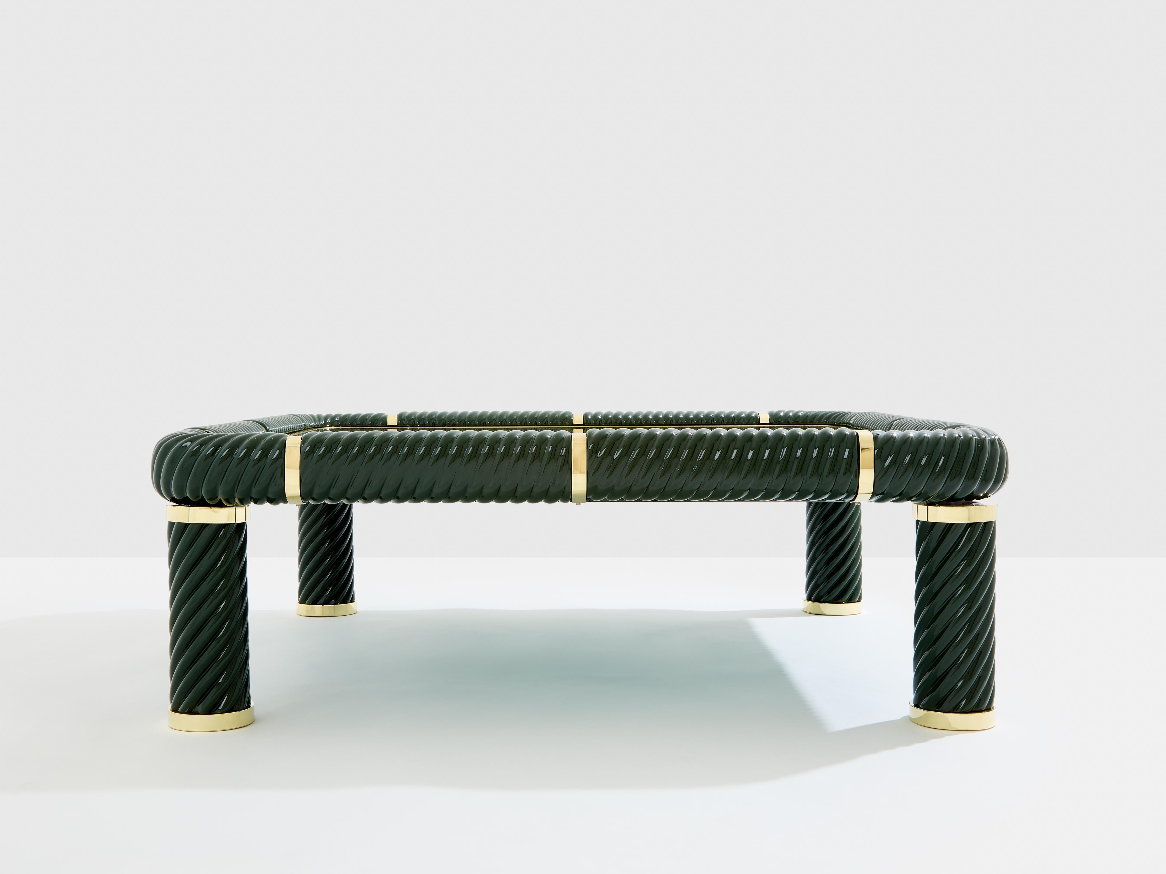 Mid-Century Modern Tommaso Barbi olive green ceramic and brass coffee table 1970s For Sale