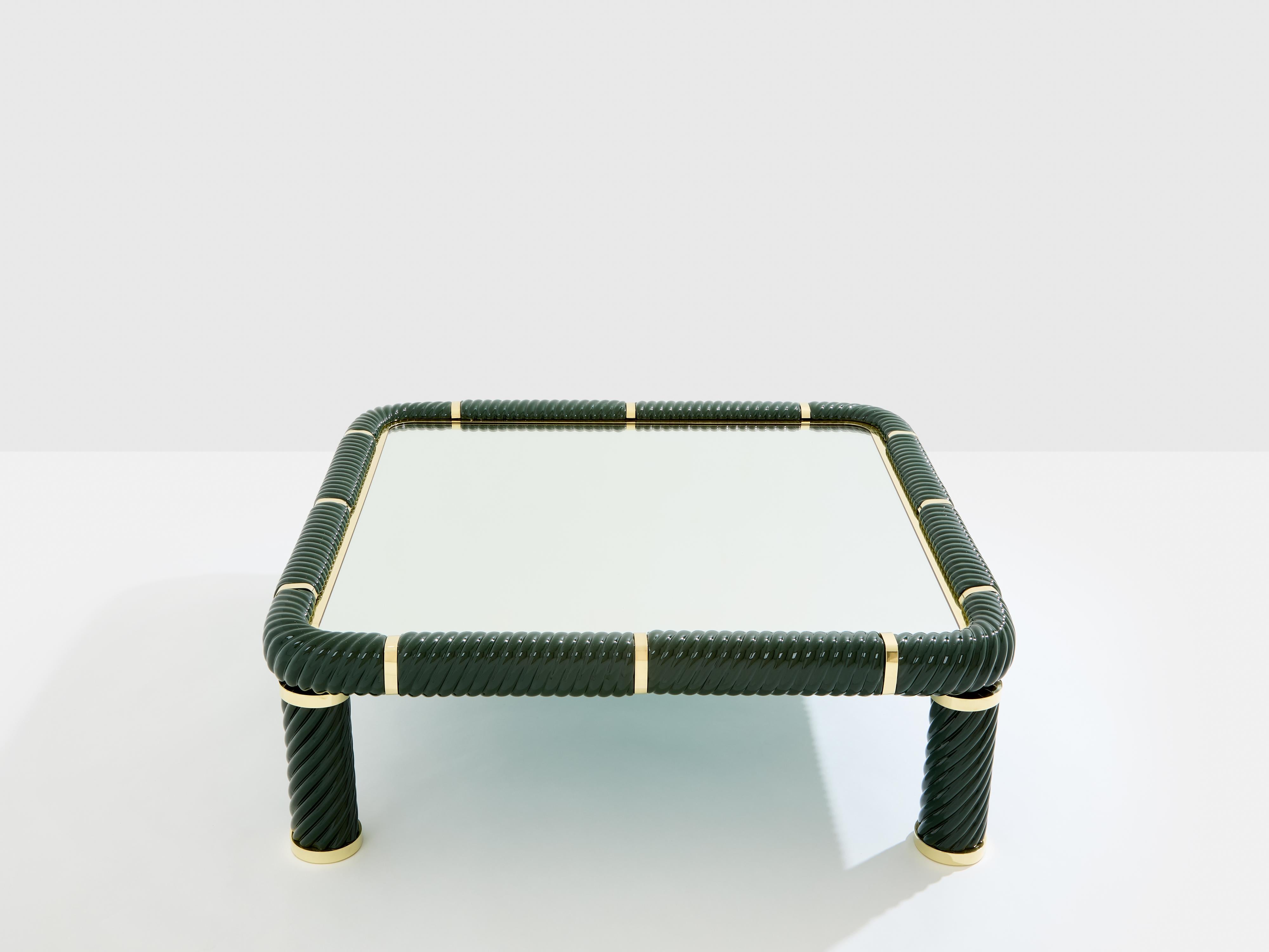 Italian Tommaso Barbi olive green ceramic and brass coffee table 1970s For Sale