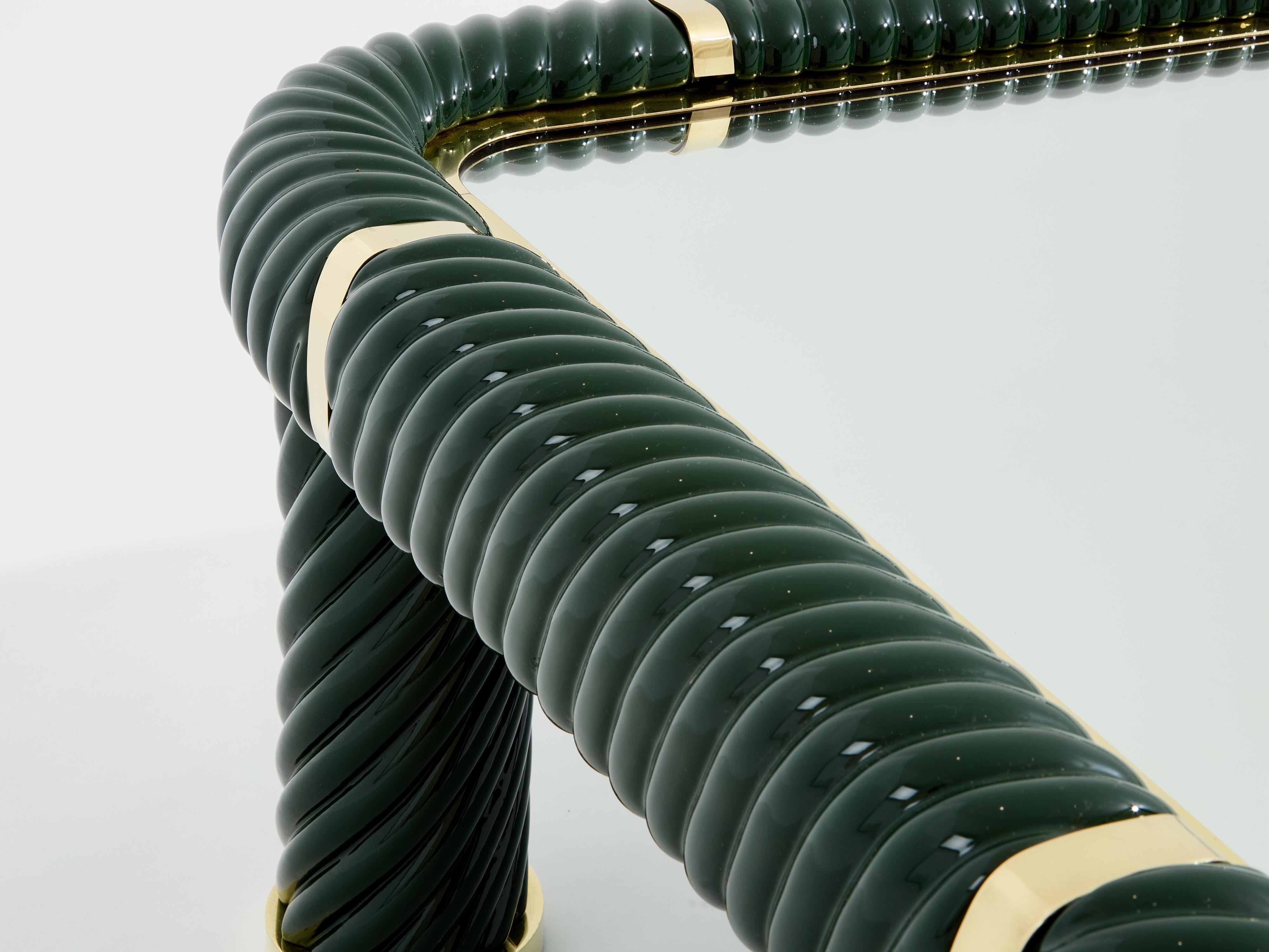 Tommaso Barbi olive green ceramic and brass coffee table 1970s In Good Condition For Sale In Paris, IDF