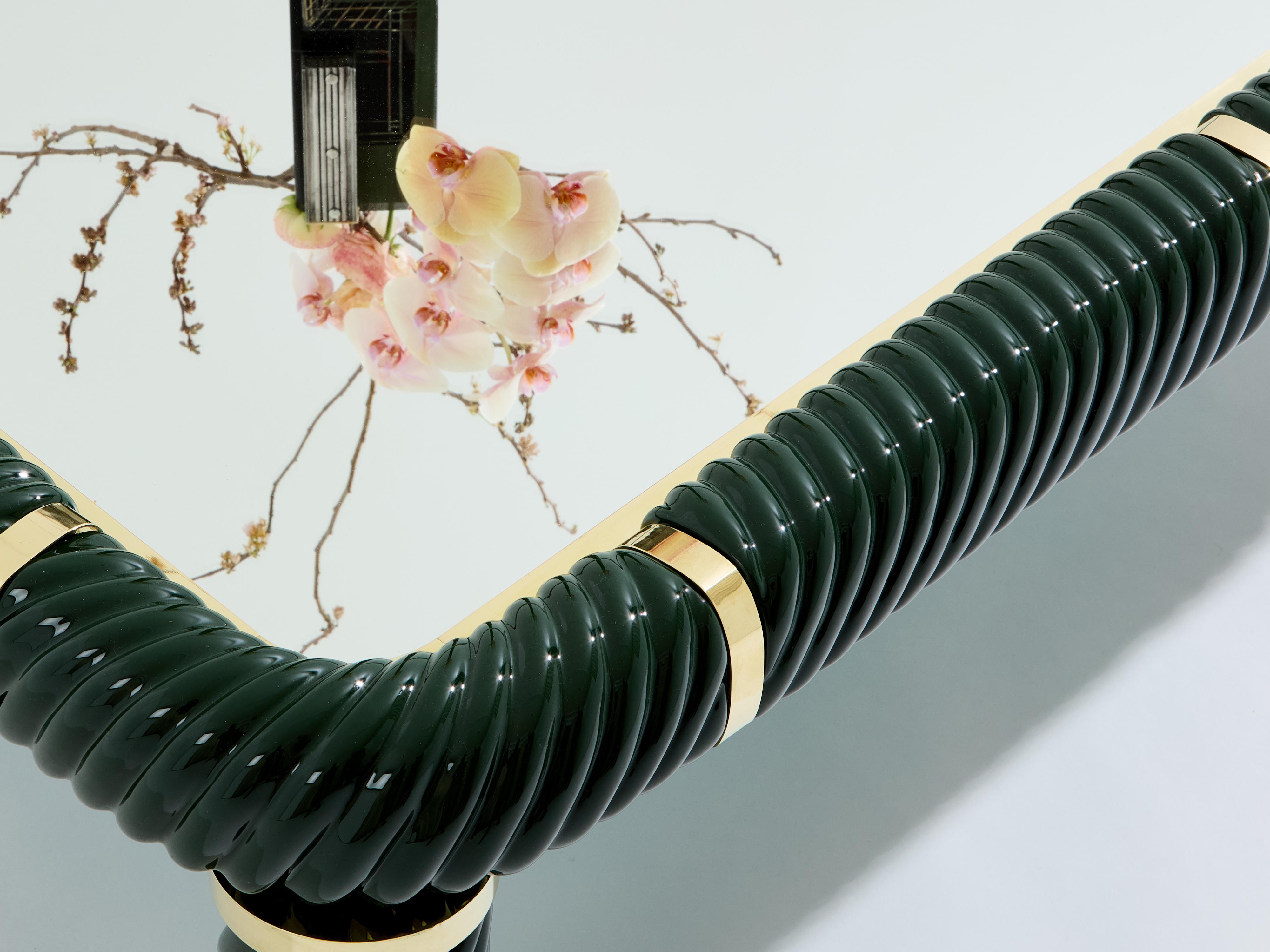 Late 20th Century Tommaso Barbi olive green ceramic and brass coffee table 1970s For Sale