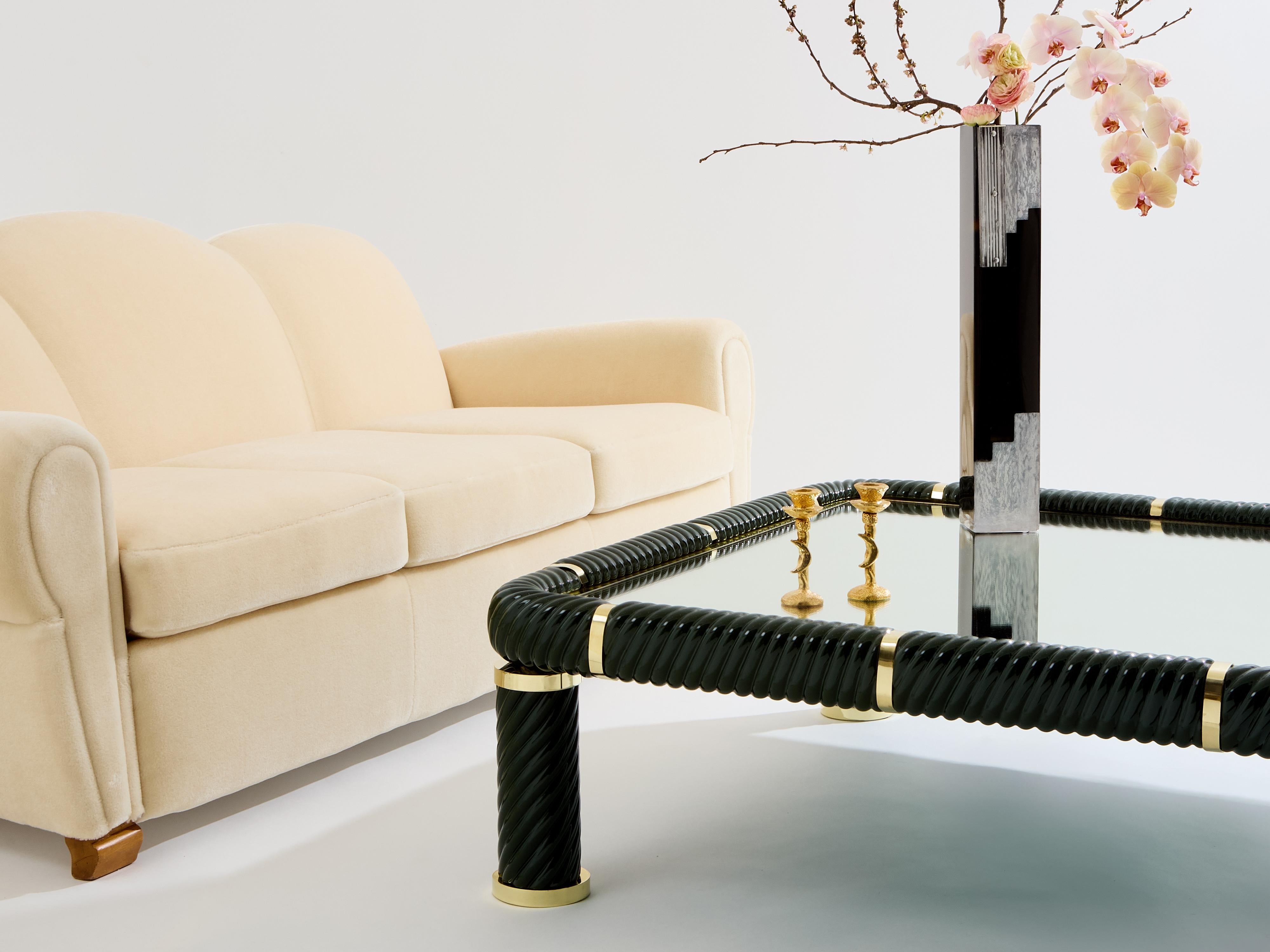 Brass Tommaso Barbi olive green ceramic and brass coffee table 1970s For Sale