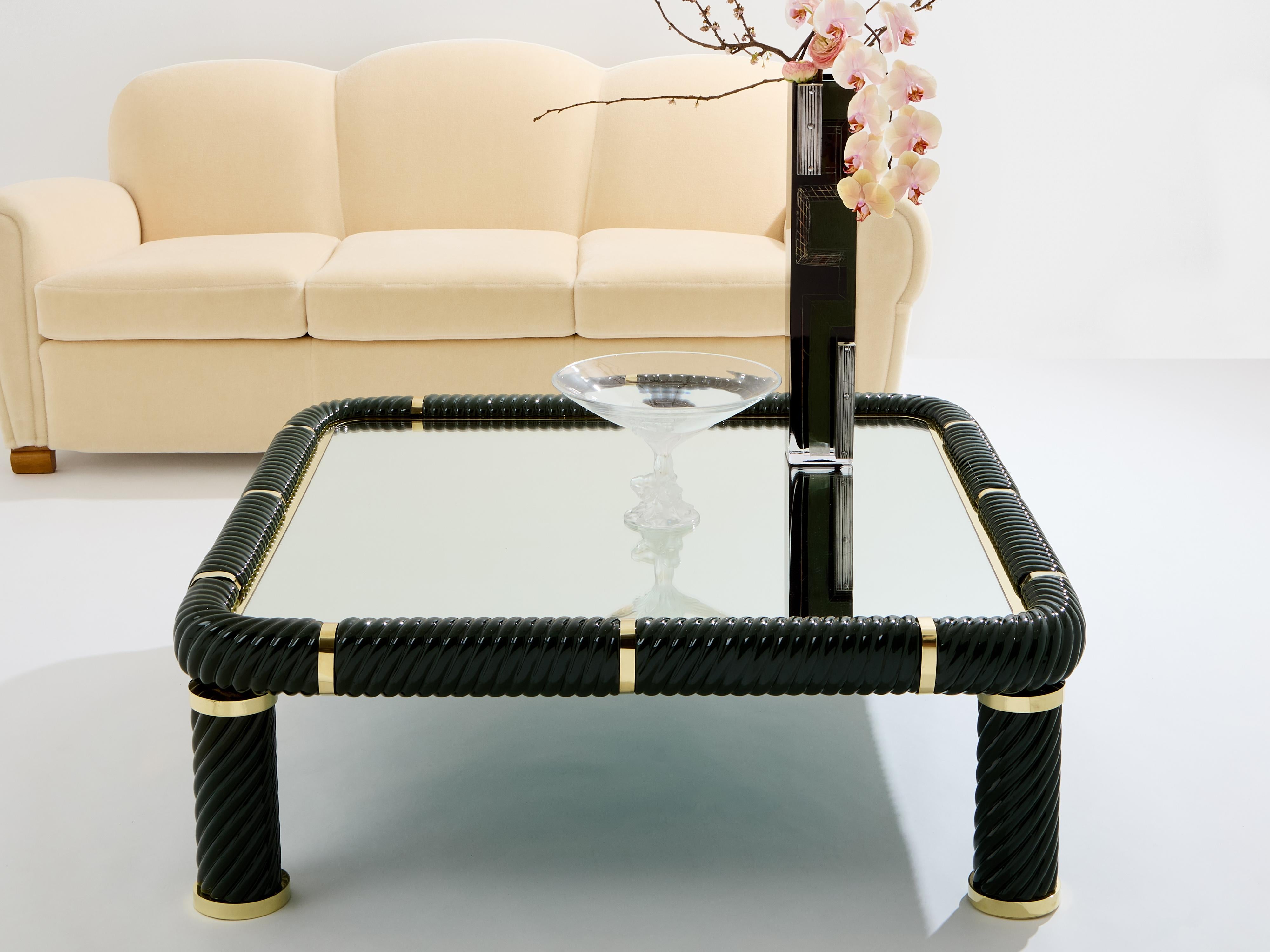 Tommaso Barbi olive green ceramic and brass coffee table 1970s For Sale 1