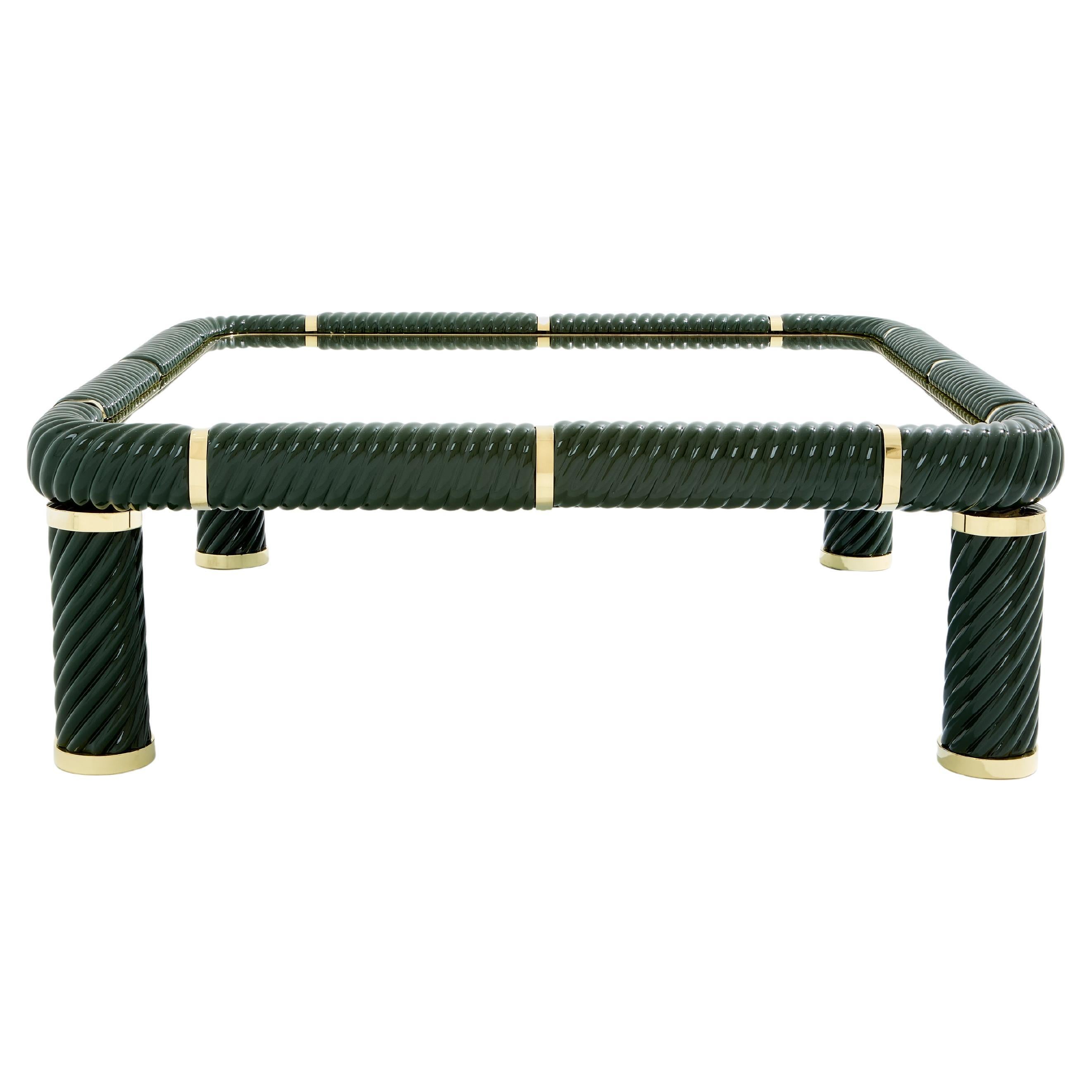 Tommaso Barbi olive green ceramic and brass coffee table 1970s
