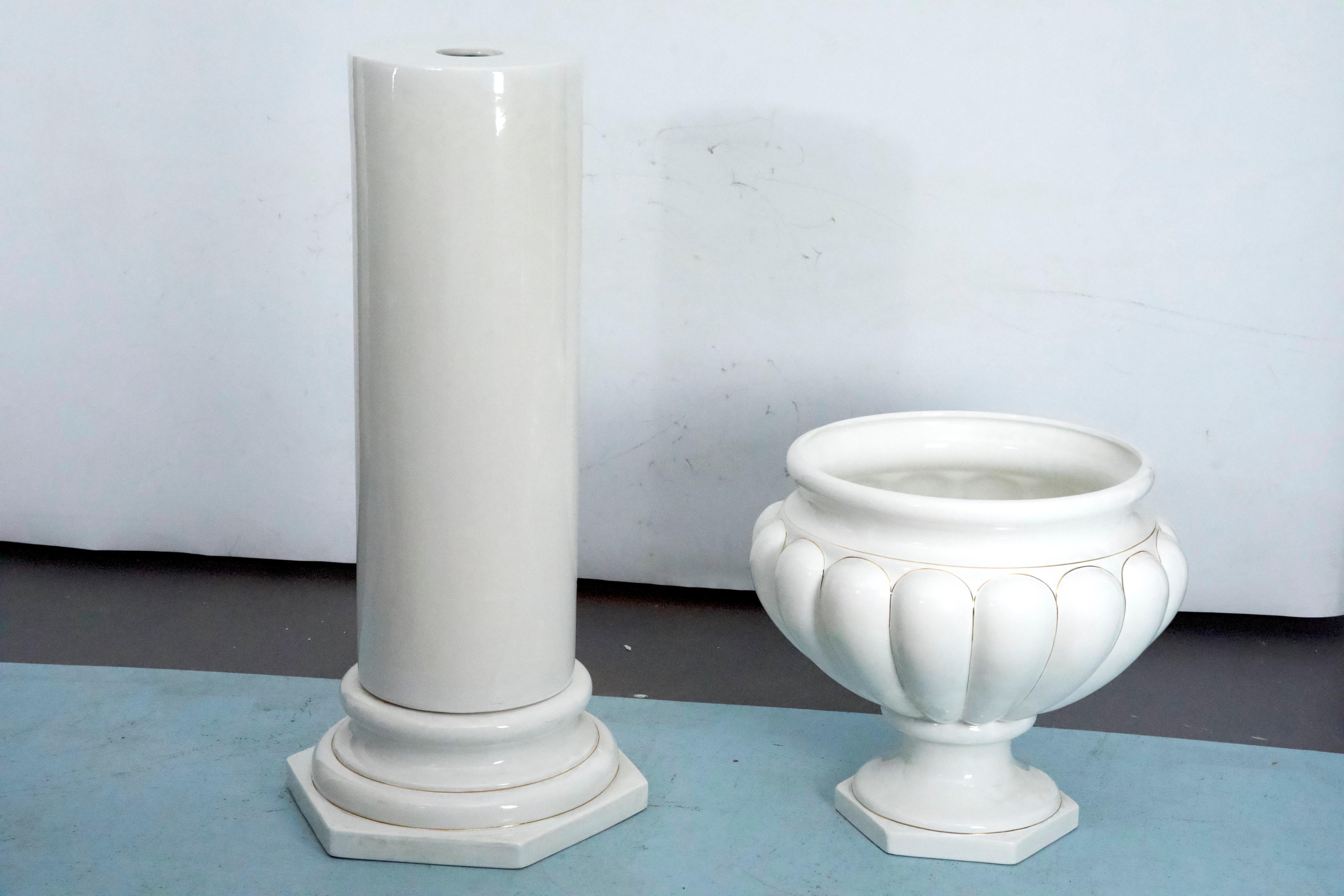 Tommaso Barbi Oversized White Ceramic Vase with Gold Details and Column, Italy For Sale 11