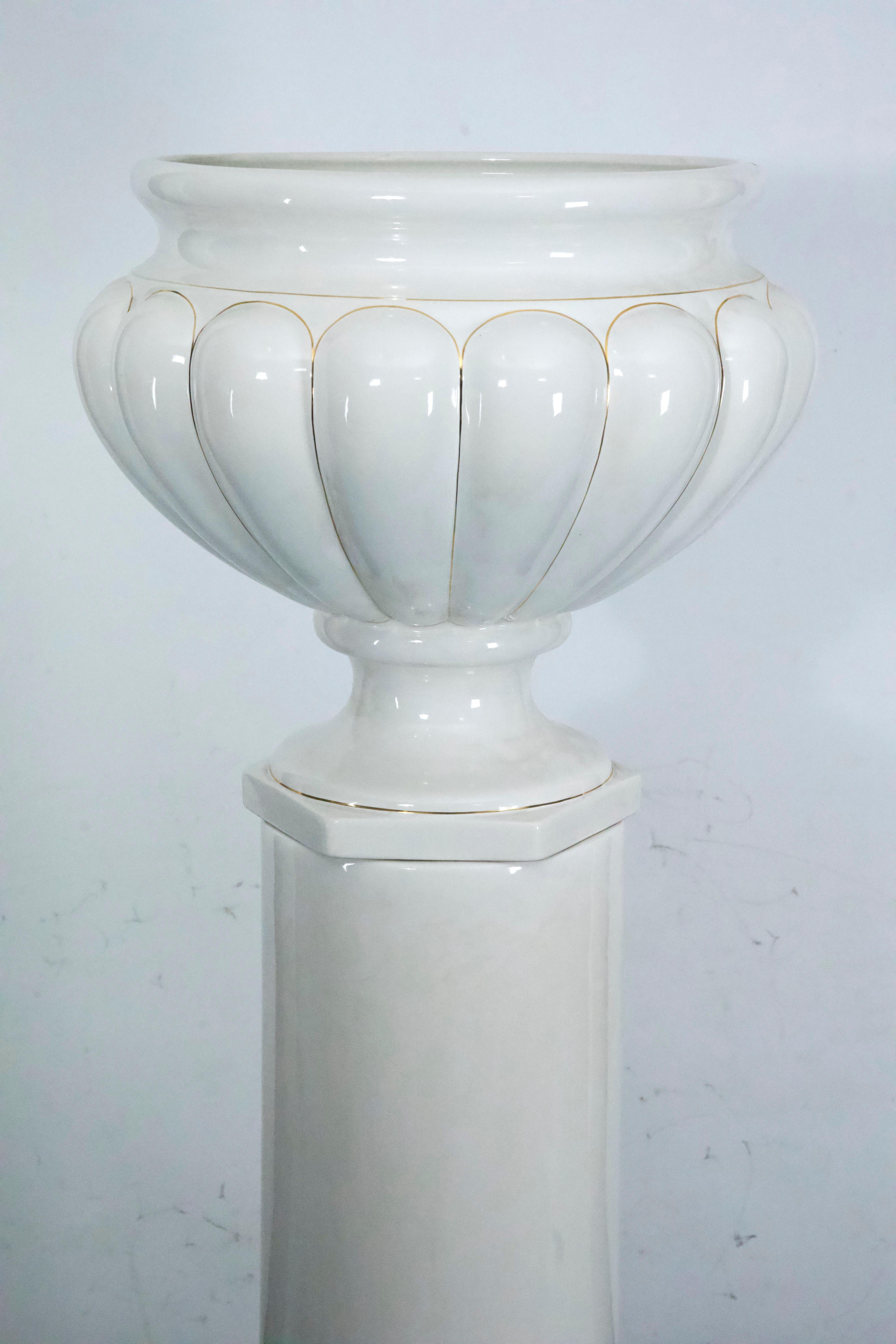 Mid-Century Modern Tommaso Barbi Oversized White Ceramic Vase with Gold Details and Column, Italy For Sale