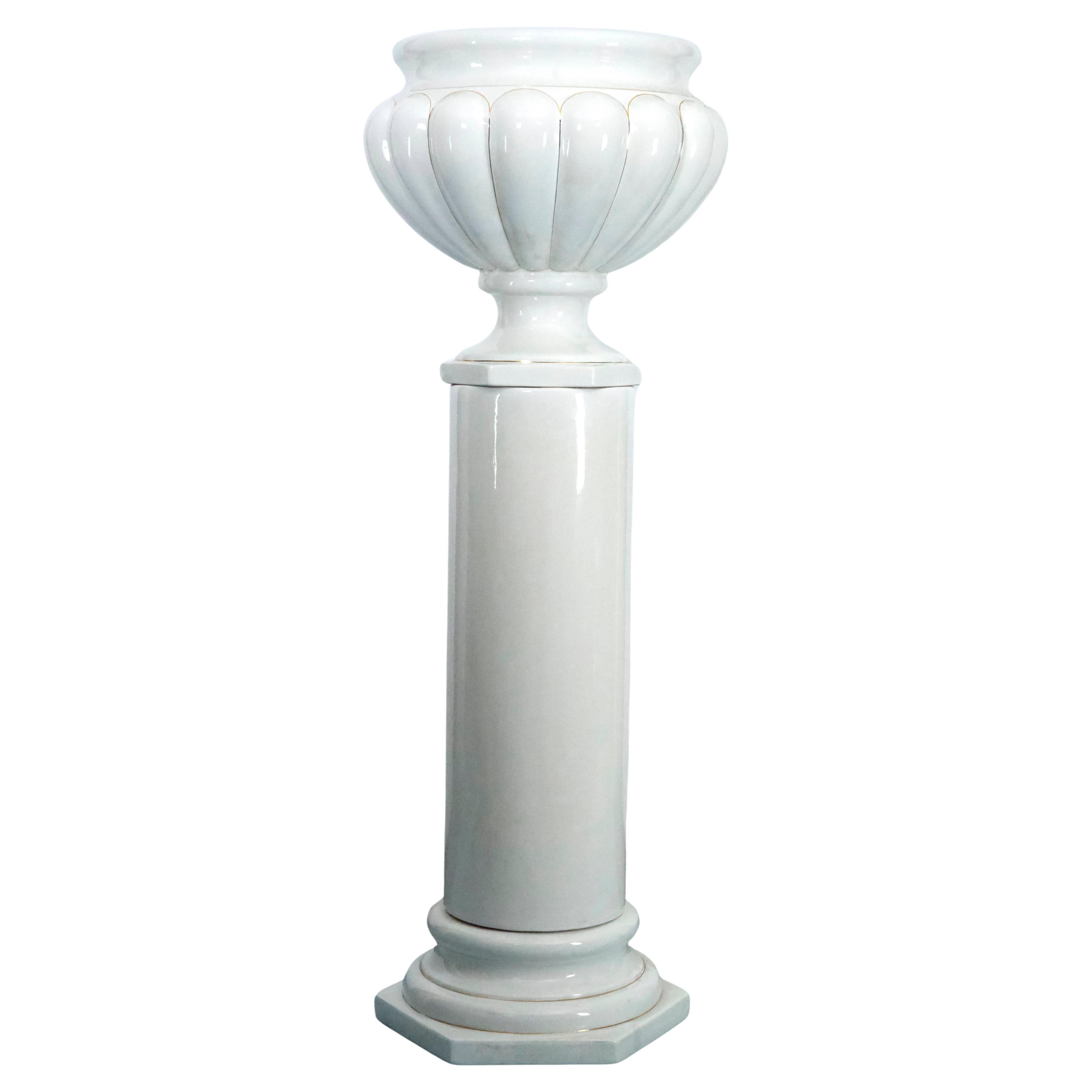 Tommaso Barbi Oversized White Ceramic Vase with Gold Details and Column, Italy For Sale