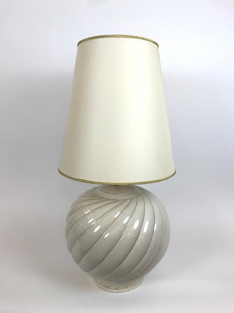 Italian Tommaso Barbi Pair of Cream Ceramic Table Lamps and Shades