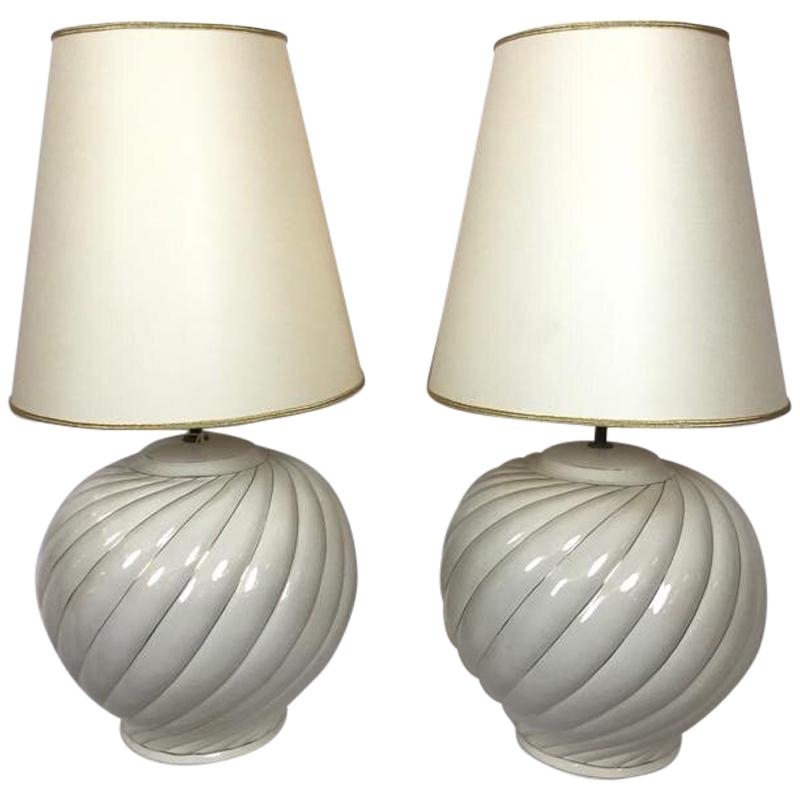 Tommaso Barbi Pair of Cream Ceramic Table Lamps and Shades