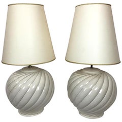 Tommaso Barbi Pair of Cream Ceramic Table Lamps and Shades