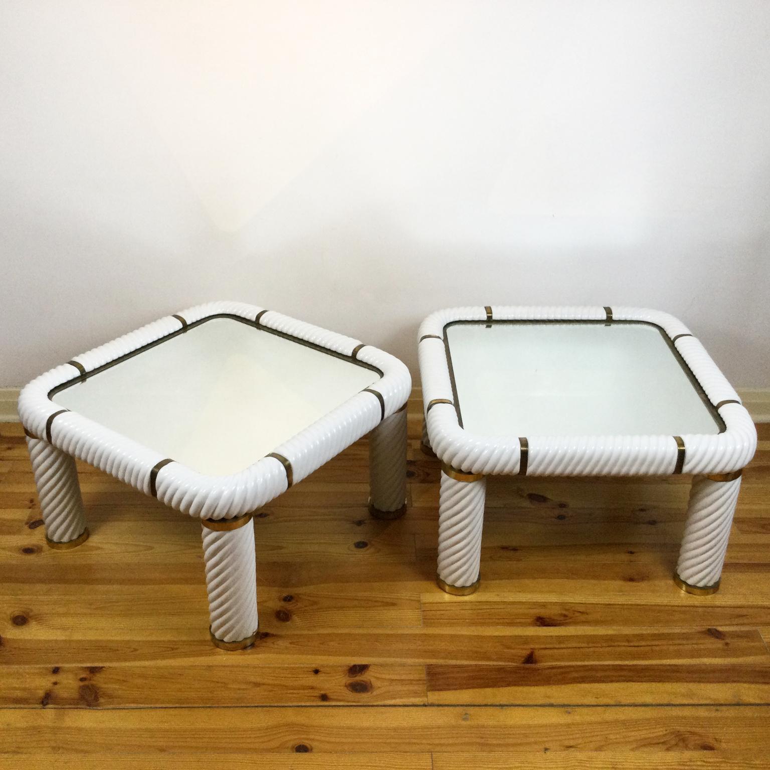 Set of two square coffee table with mirrored top and fine ceramic and brass finish by Tommaso Barbi, 1970s Italy