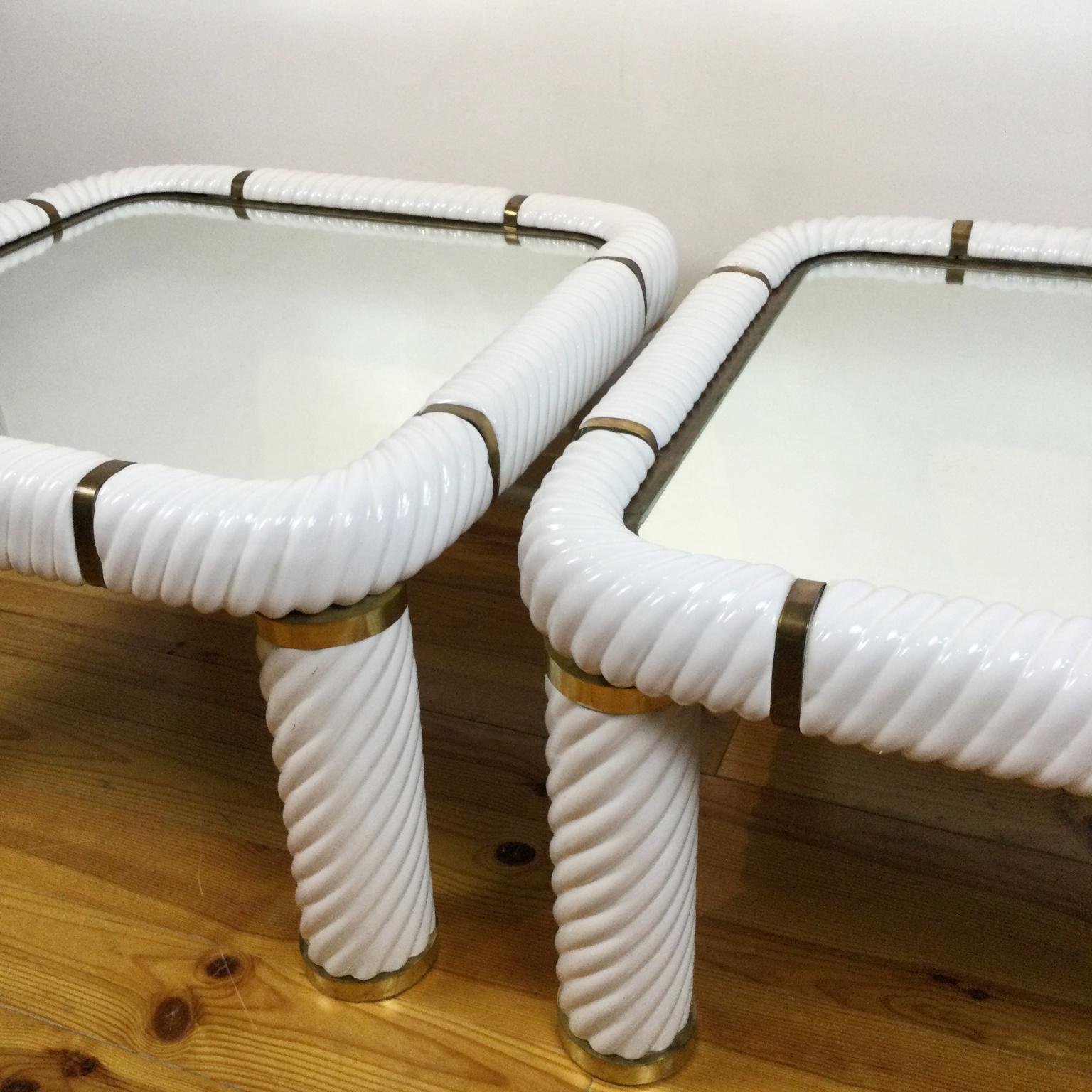 Mid-Century Modern Tommaso Barbi Pair of Mirrored Coffee Tables with Fine Ceramic and Brass Finish