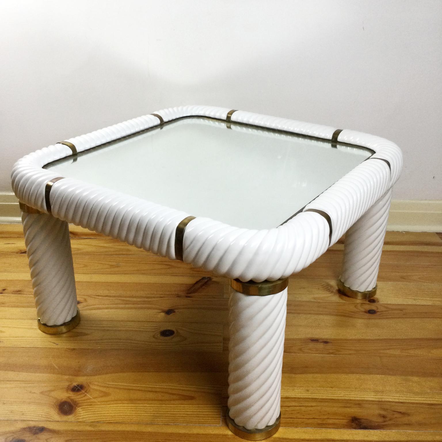 Italian Tommaso Barbi Pair of Mirrored Coffee Tables with Fine Ceramic and Brass Finish