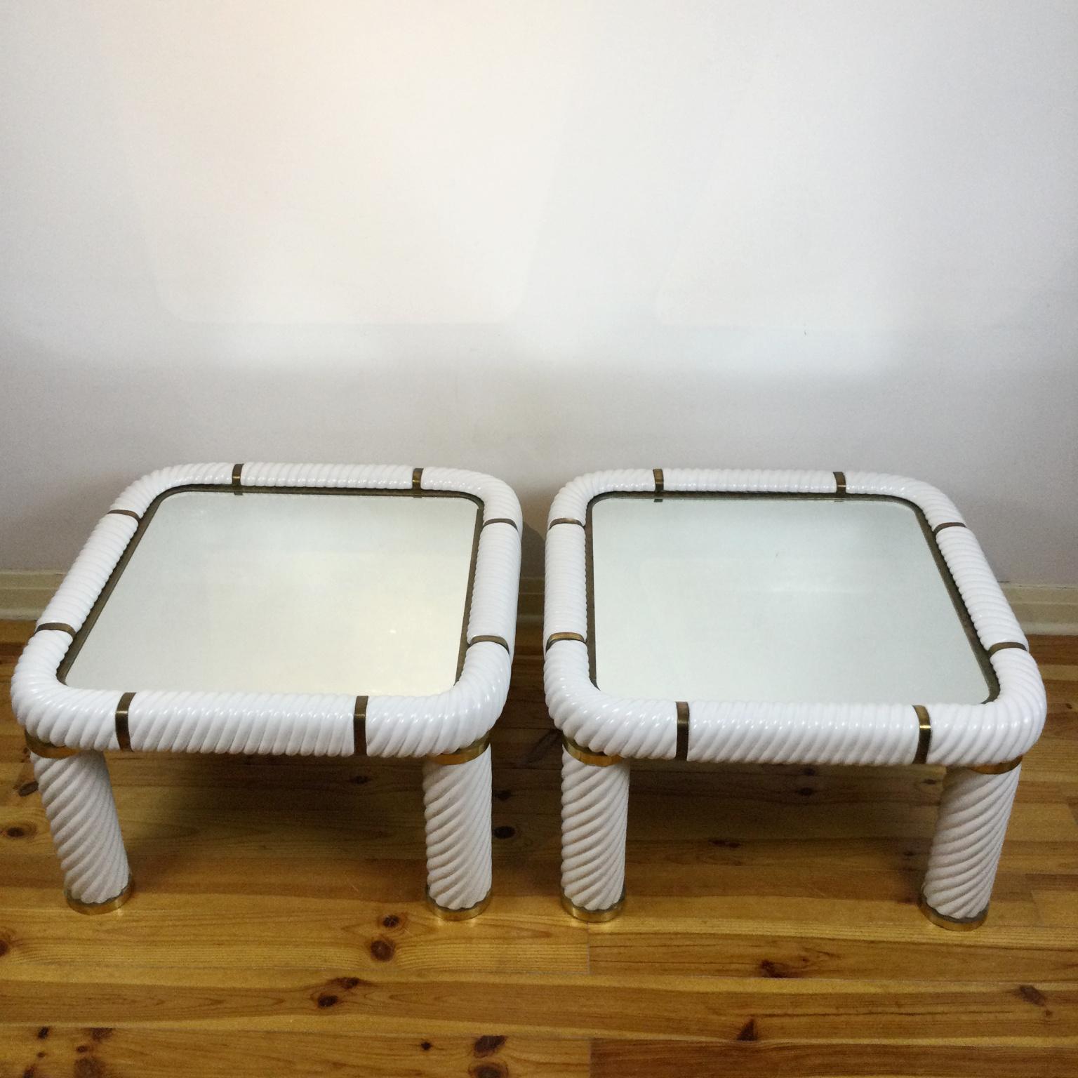 Tommaso Barbi Pair of Mirrored Coffee Tables with Fine Ceramic and Brass Finish 1