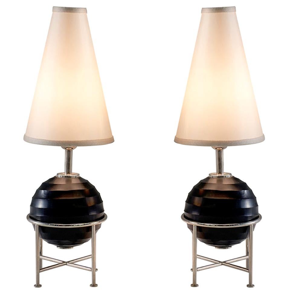 Tommaso Barbi Pair of Table Lamps Chromed Metal and Glass, 1980s